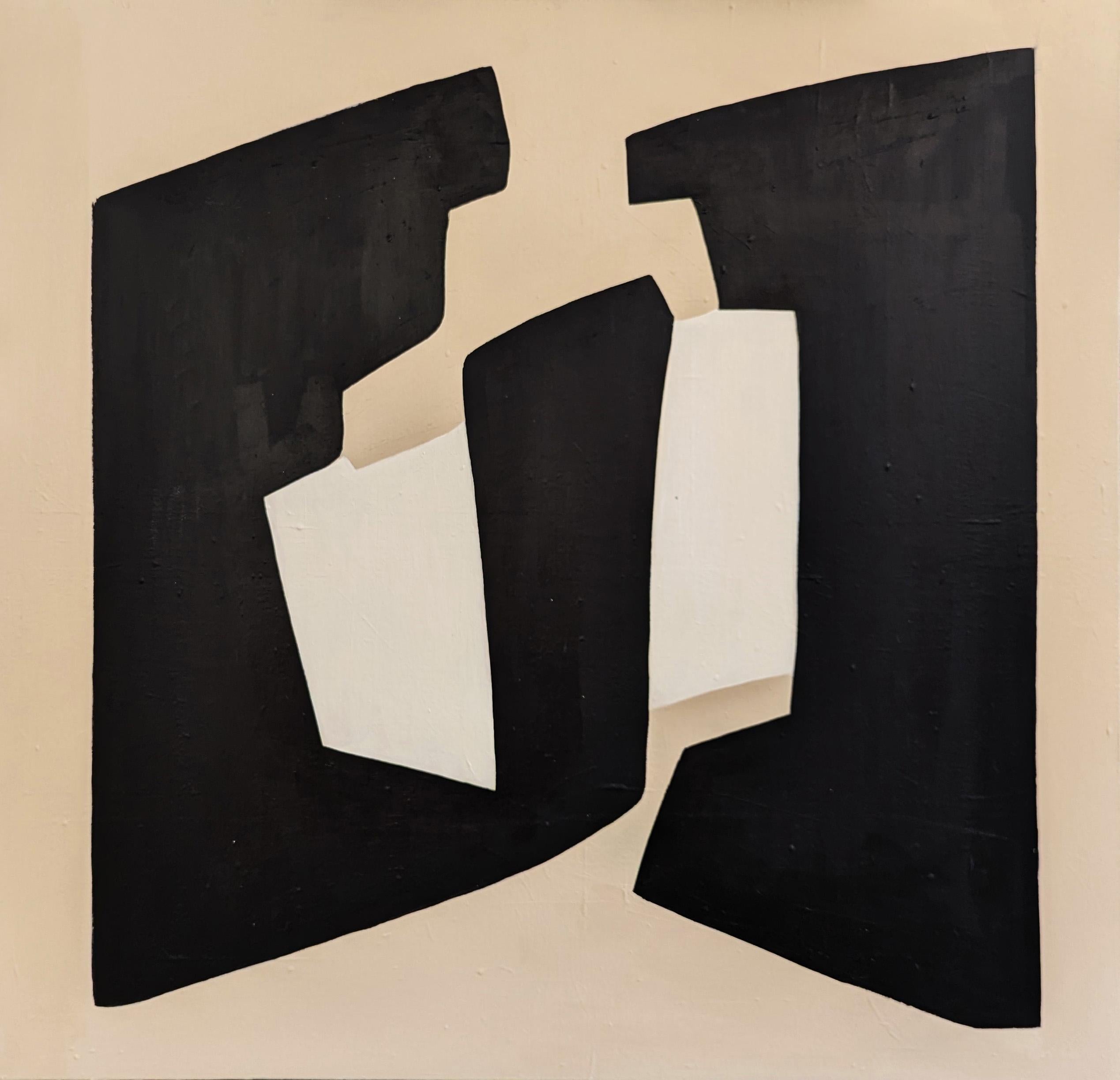 Stephanie Beukers Landscape Painting - "Formes et Space" Contemporary Tan & Black Geometric Abstract Hard-Edge Painting