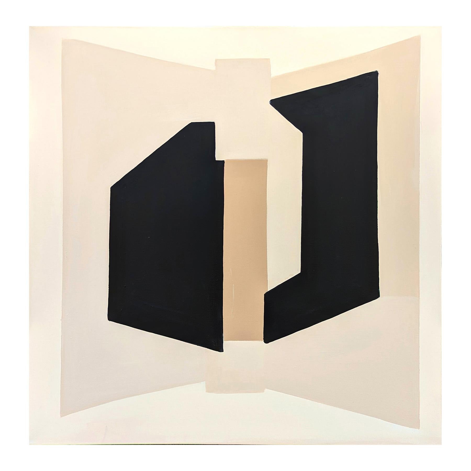 Geometric abstract painting by contemporary artist Stephanie Beukers. The work features layers of hard-edged shapes in black and tan set against a light background. Signed and titled on the reverse. Currently unframed, but options are