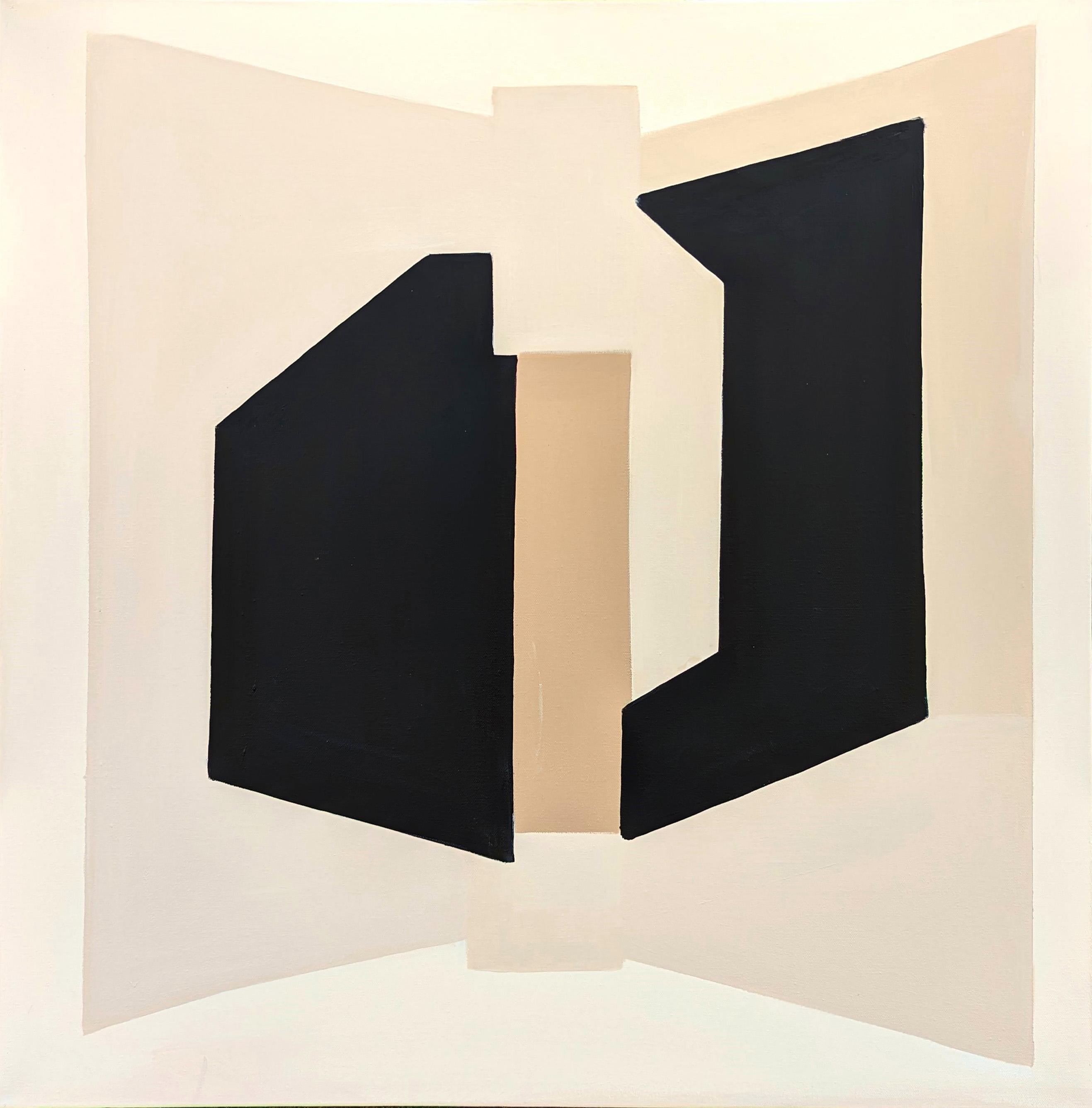 Stephanie Beukers Landscape Painting - "L'Espace 1" Black & Tan Contemporary Geometric Abstract Hard- Edge Painting