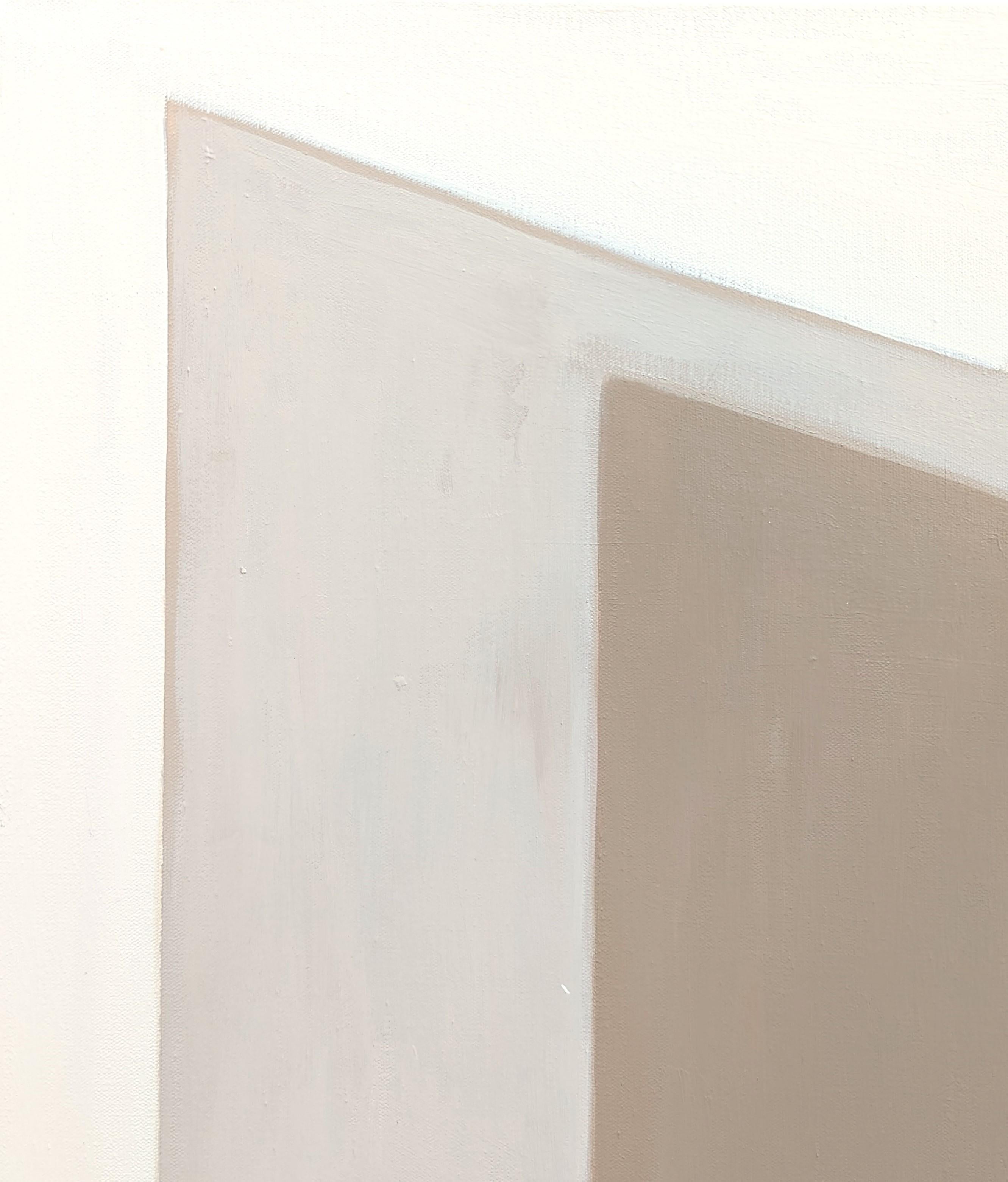 Geometric abstract painting by contemporary artist Stephanie Beukers. The work features layers of hard-edged shapes in black and tan set against a light background. Signed and titled on the reverse. Currently unframed, but options are