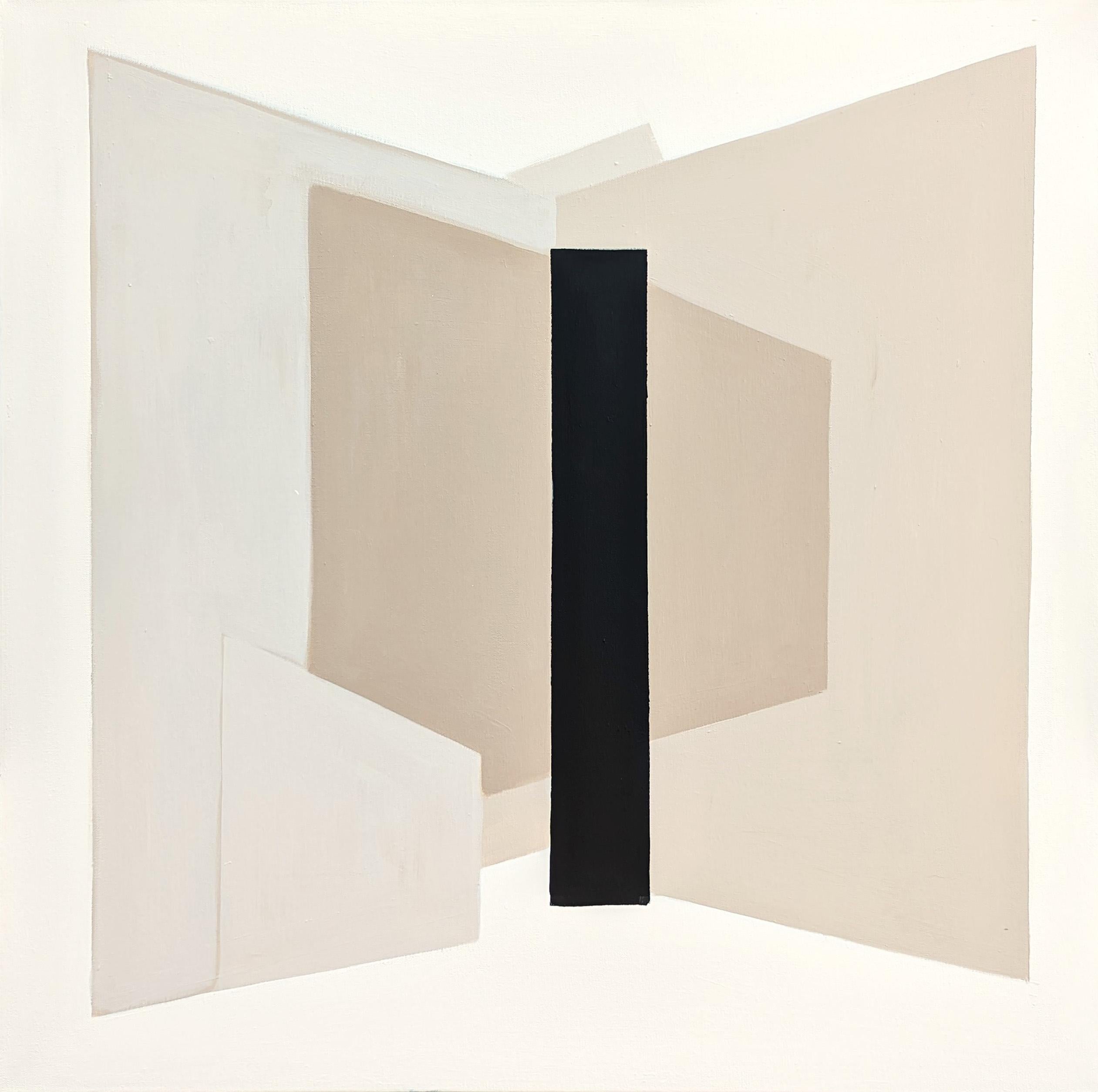 Stephanie Beukers Landscape Painting - "L'Espace 2" Black & Tan Contemporary Geometric Abstract Hard- Edge Painting