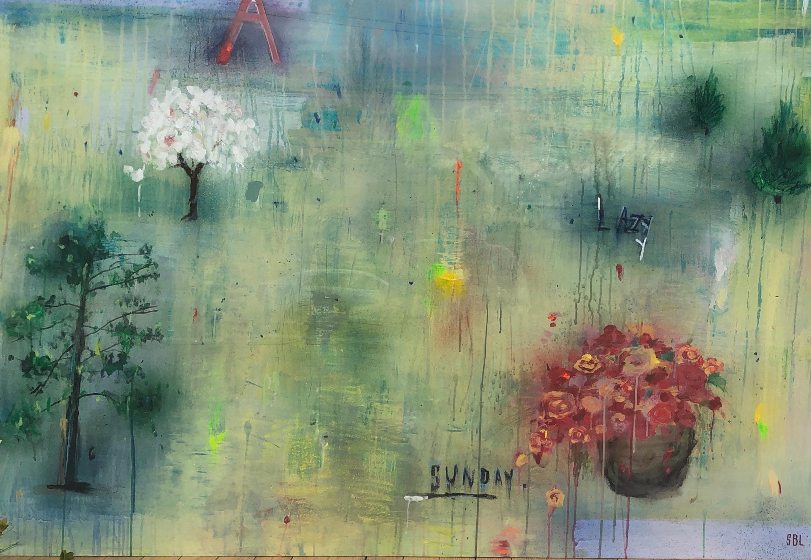 Stephanie Brody-Lederman Abstract Painting - STEPHANIE BRODY LEDERMAN "Lazy Sunday", 2020, horizontal abstract flowers & text