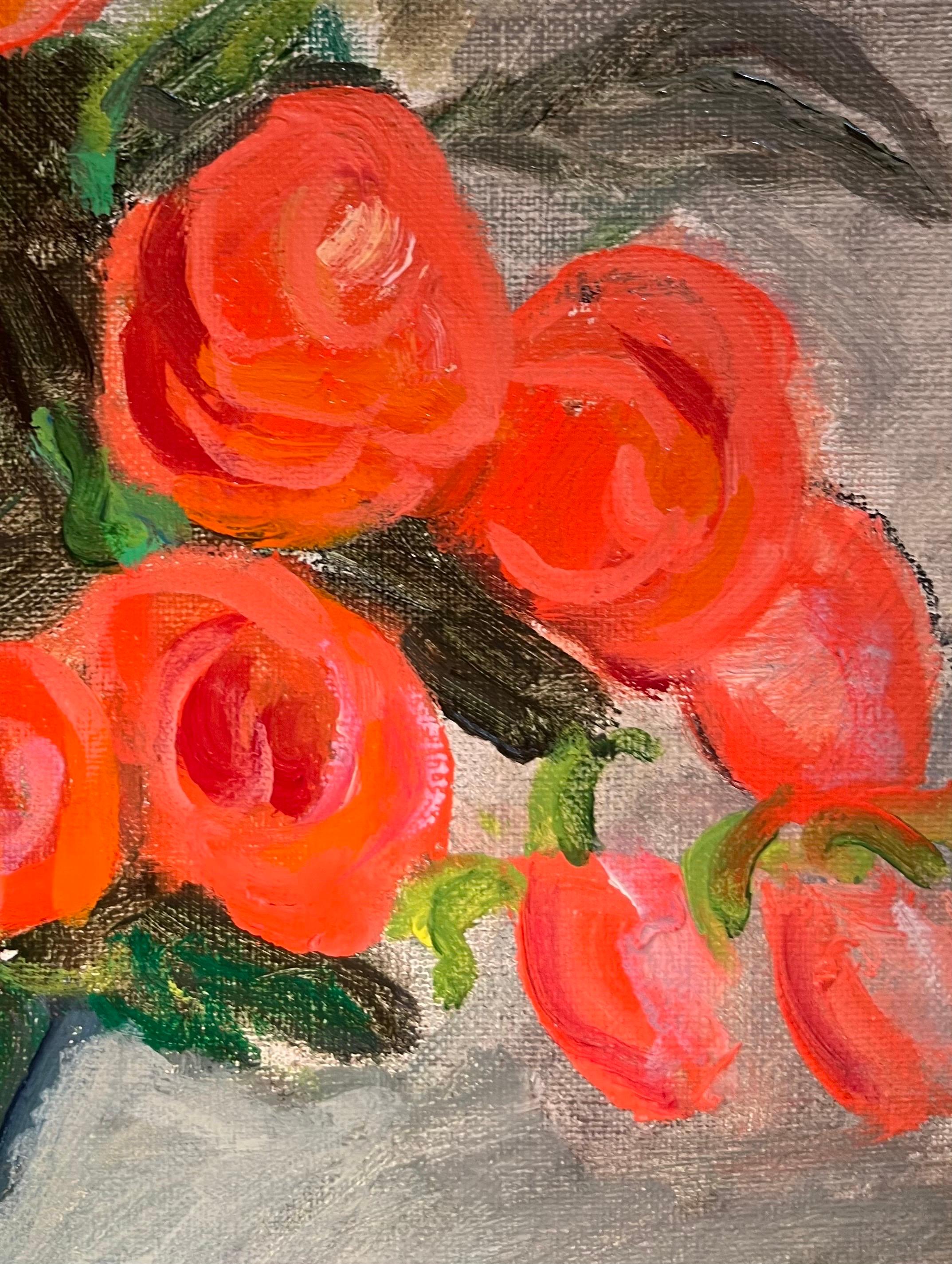 Rosen und Vogel von Stéphanie Guerzoni - Öl auf leinwand - 41x33,5 cm im Angebot 1
