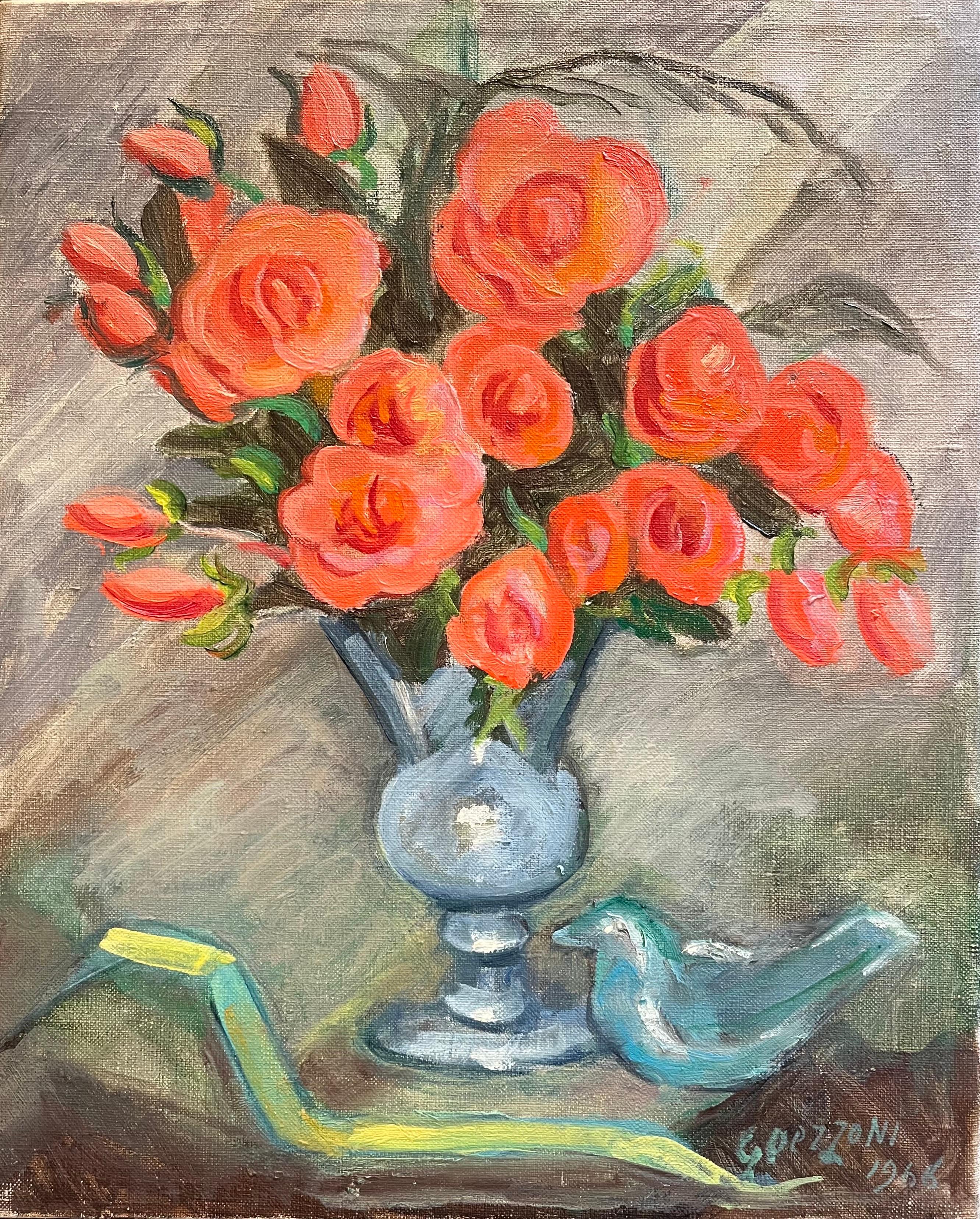 Rosen und Vogel von Stéphanie Guerzoni - Öl auf leinwand - 41x33,5 cm