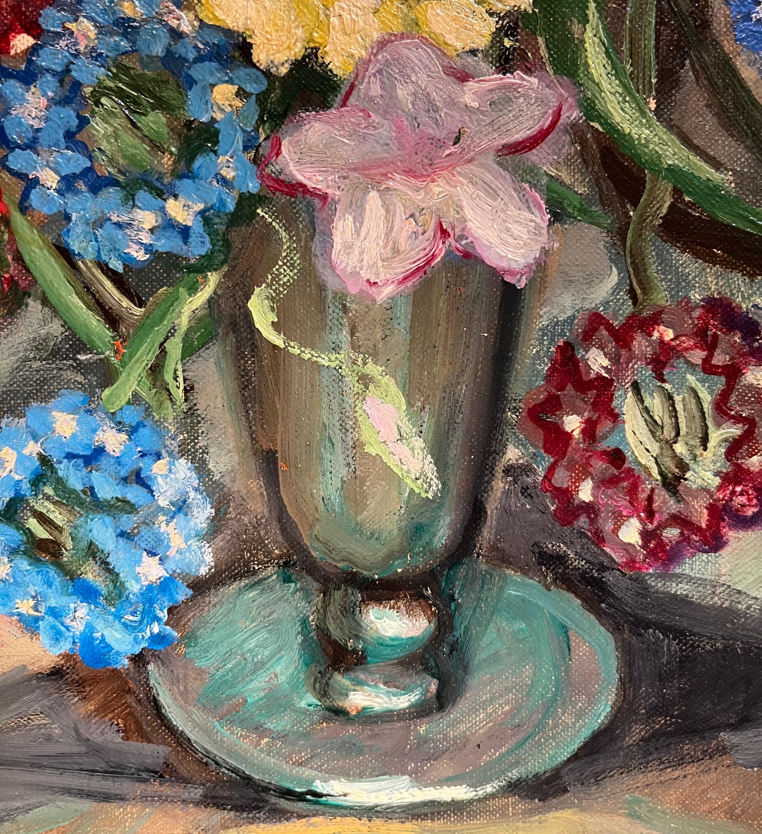 Flores de verbena de Stéphanie Guerzoni - Óleo sobre lienzo - 55x46 cm - Still-Life Painting Marrón de Stéphanie Caroline Guerzoni