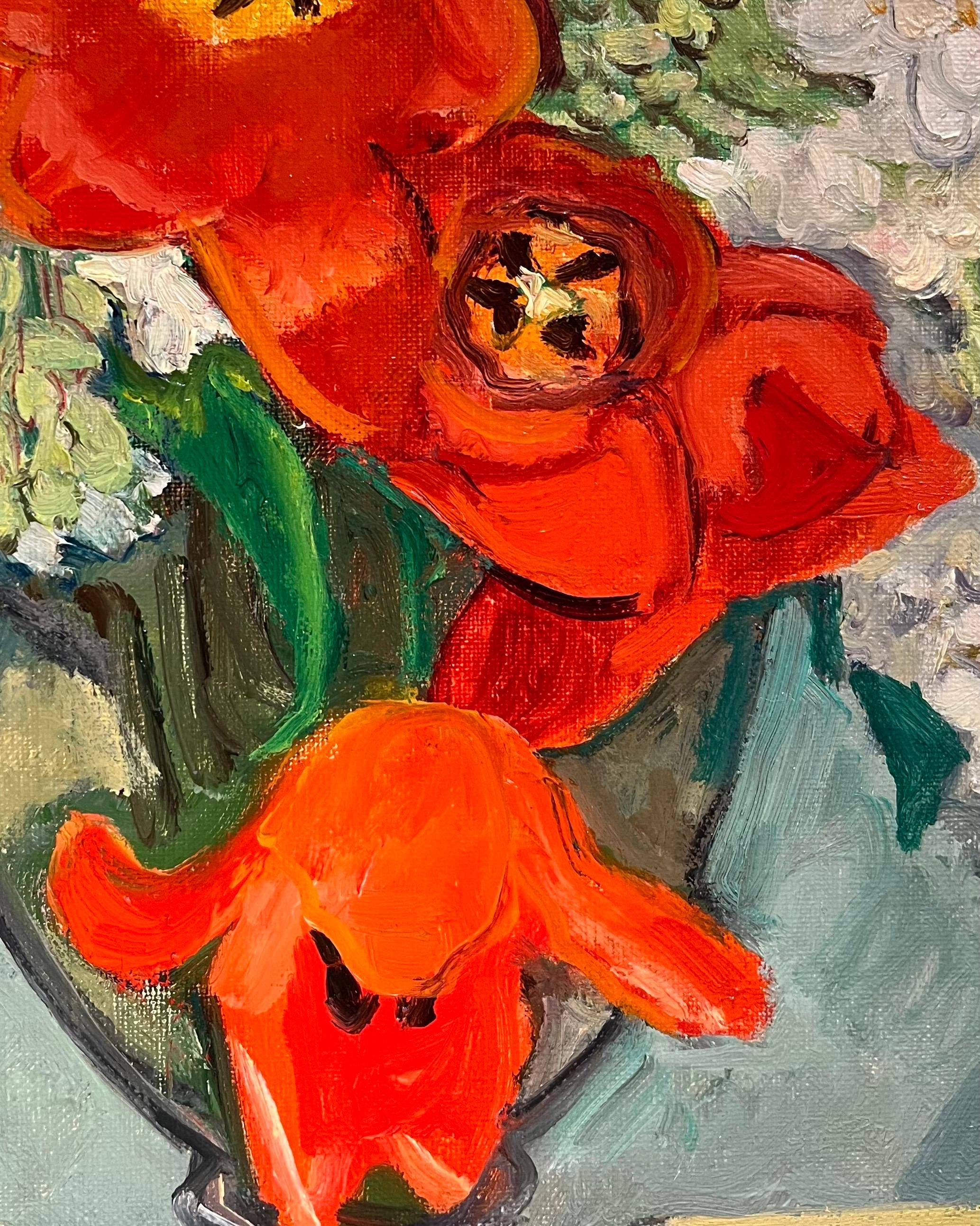 Lilas blanc, tulipe rouge par Stéphanie Guerzoni - Huile sur toile - 55x46 cm en vente 1