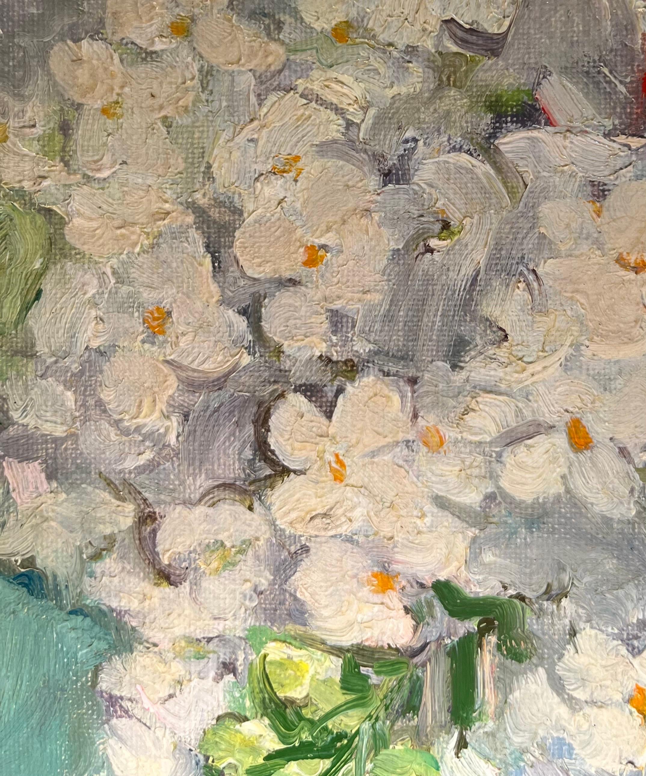 Lilas blanc, tulipe rouge par Stéphanie Guerzoni - Huile sur toile - 55x46 cm en vente 2