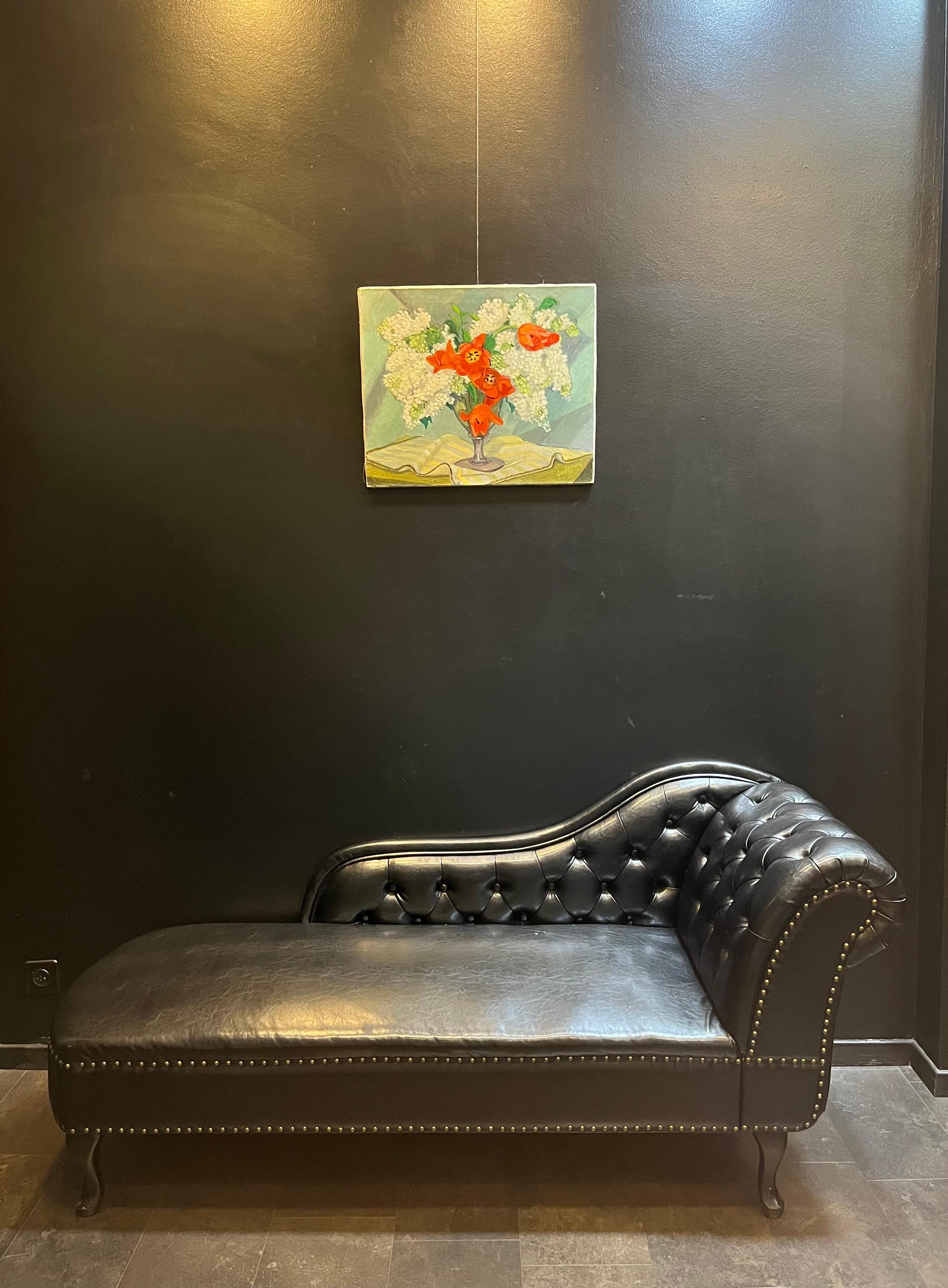Lilas blanc, tulipe rouge par Stéphanie Guerzoni - Huile sur toile - 55x46 cm en vente 3