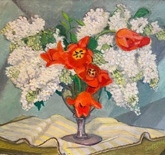 Lila blanca, tulipán rojo de Stéphanie Guerzoni - Óleo sobre lienzo - 55x46 cm