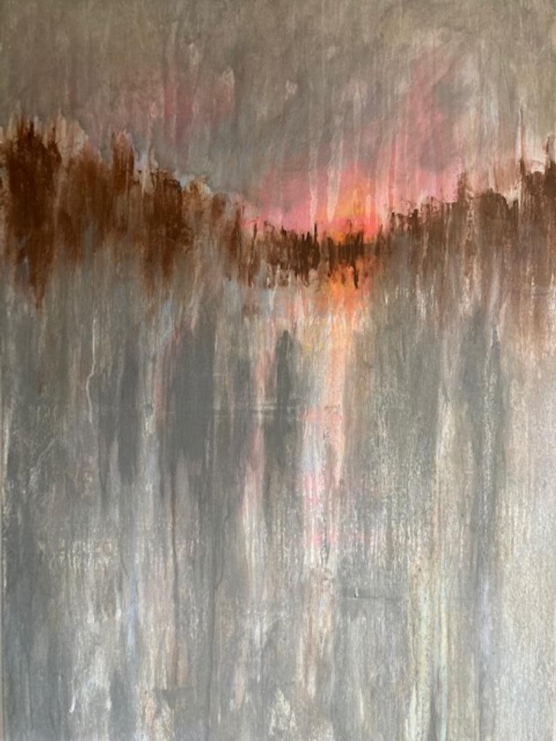 Stephanie Cate Landscape Painting - Bombay Beach Sunrise, Acrylic, Abstract Landscape, Gray, Pink, 