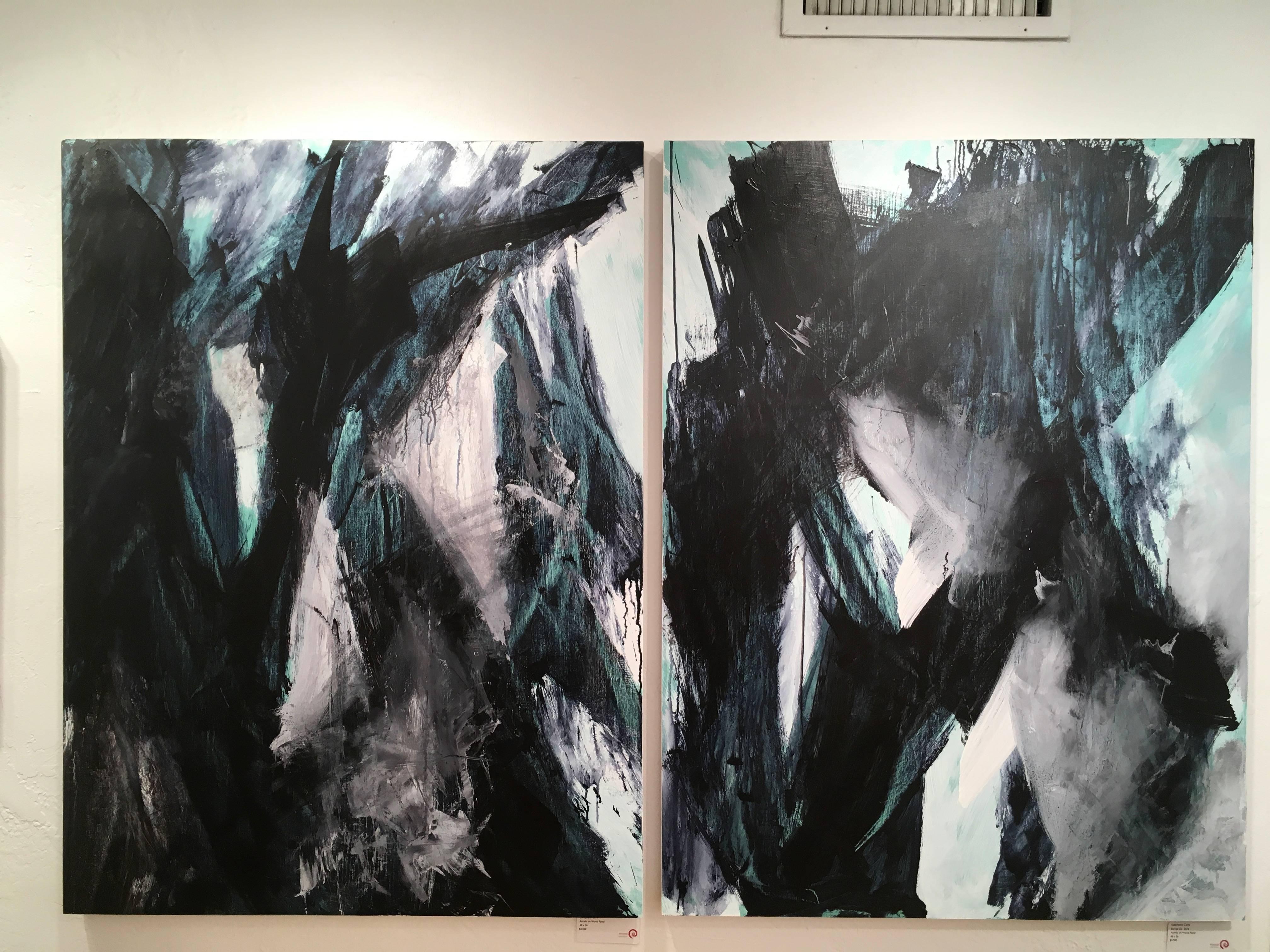 Europa 21 - Peinture abstraite, espace, audacieuse, noir, blanc, vert, acrylique, bois  - Painting de Stephanie Cate