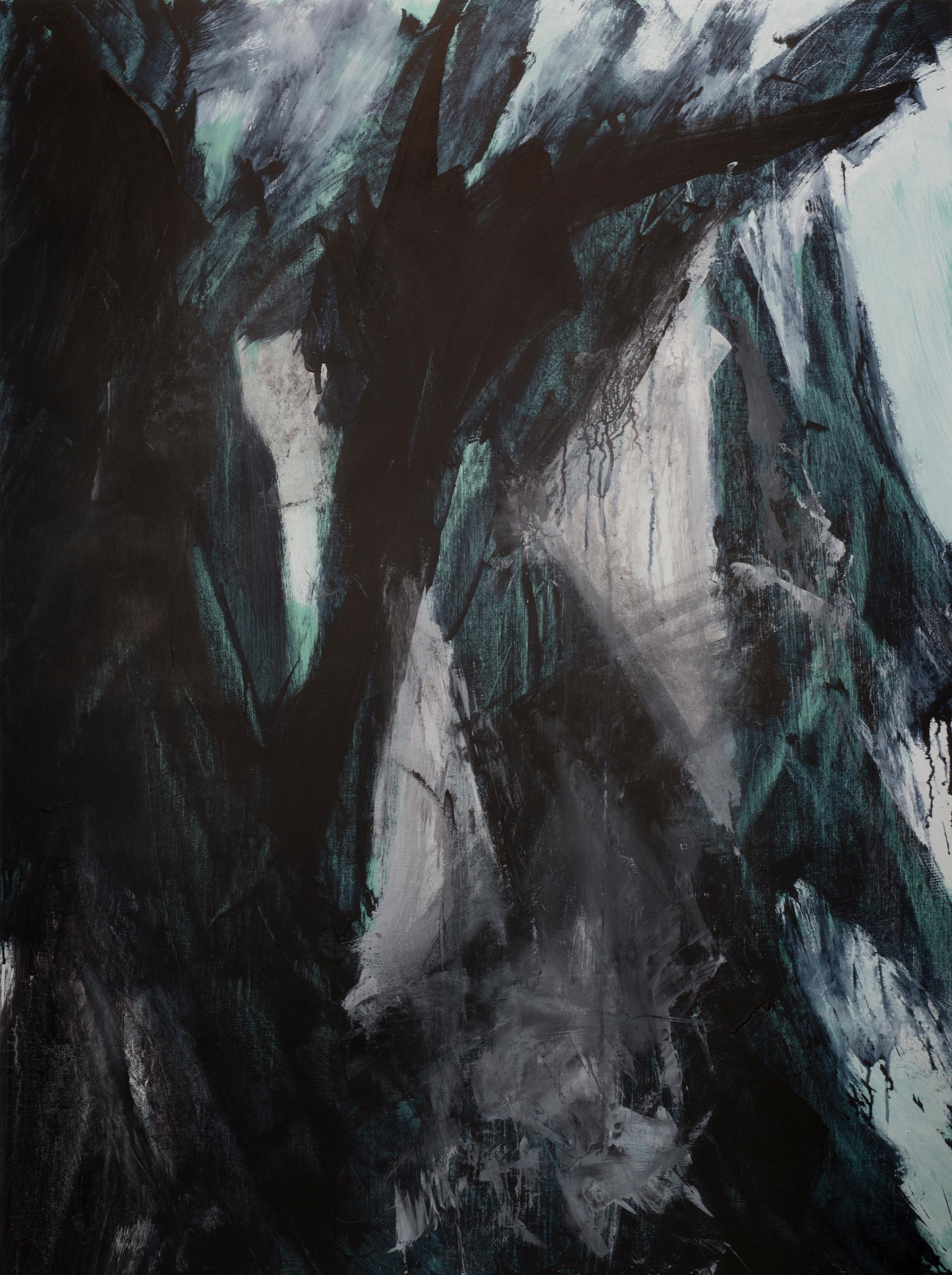 Landscape Painting Stephanie Cate - Europa 21 - Peinture abstraite, espace, audacieuse, noir, blanc, vert, acrylique, bois 