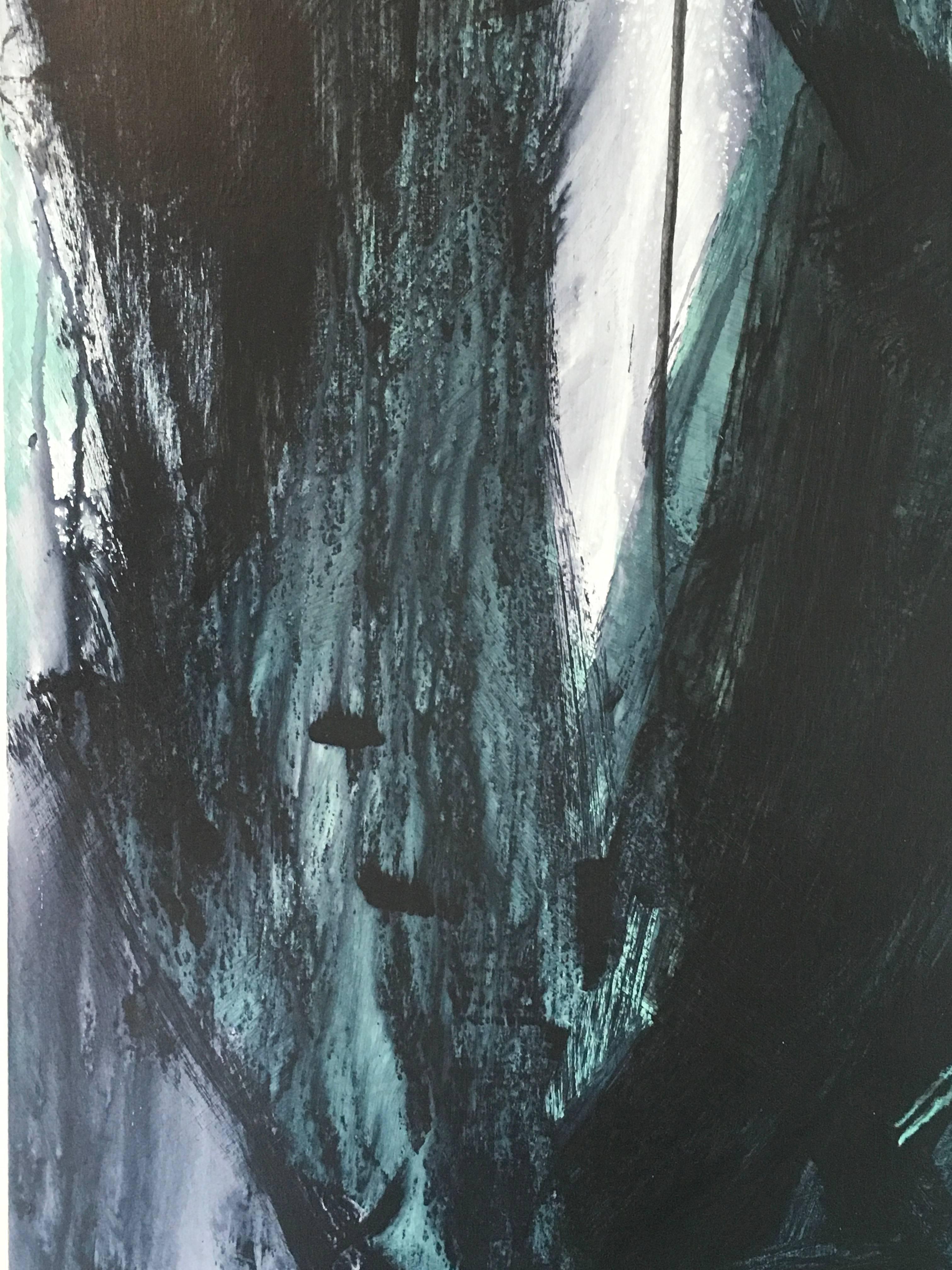 Europa 22 de l'artiste de Los Angeles Stephanie Cate est une peinture acrylique sur panneau de bois.  Il est de 48x36.  L'abstraction en noir, blanc et vert explore la lune Europe, une planète avec du feu, de la glace et un potentiel pour la vie. 