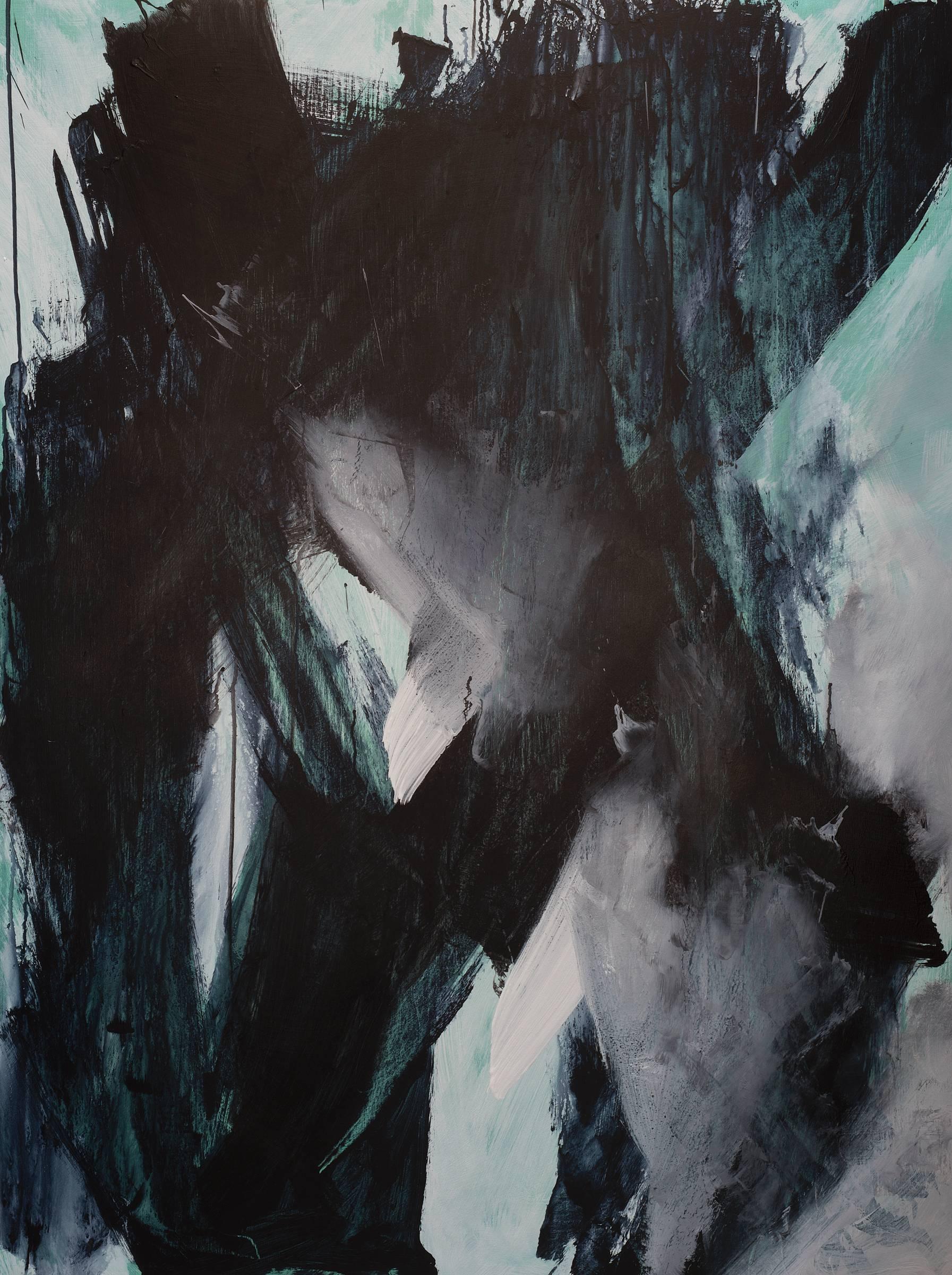 Abstract Painting Stephanie Cate - Europa 22, Art abstrait, espace, peinture audacieuse, noir, blanc, vert, acrylique