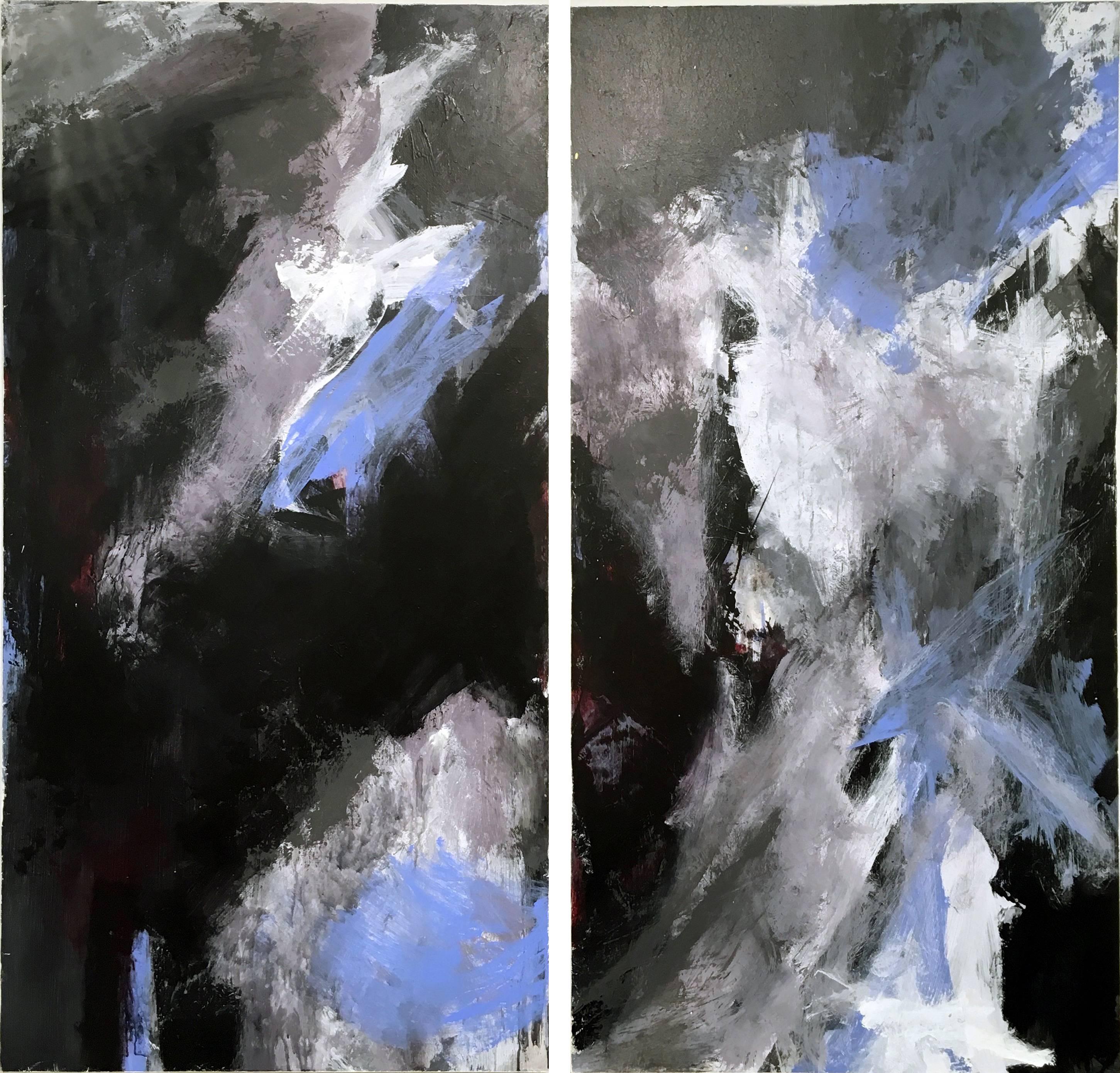 Europa 24 & 25 Diptych, abstract art, acrylic on wood panel, blue, white, gray - Abstract Painting by Stephanie Cate