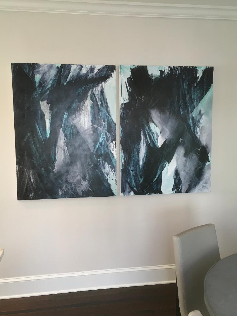 Europa Diptych, abstract art, acrylic on wood panel, black, white, green - Painting by Stephanie Cate