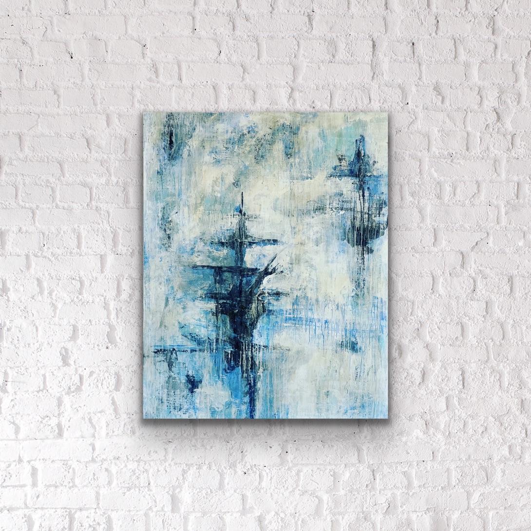 Ship Ghost, Acrylique, paysage abstrait, bleu, blanc, eau, bateau - Gris Landscape Painting par Stephanie Cate