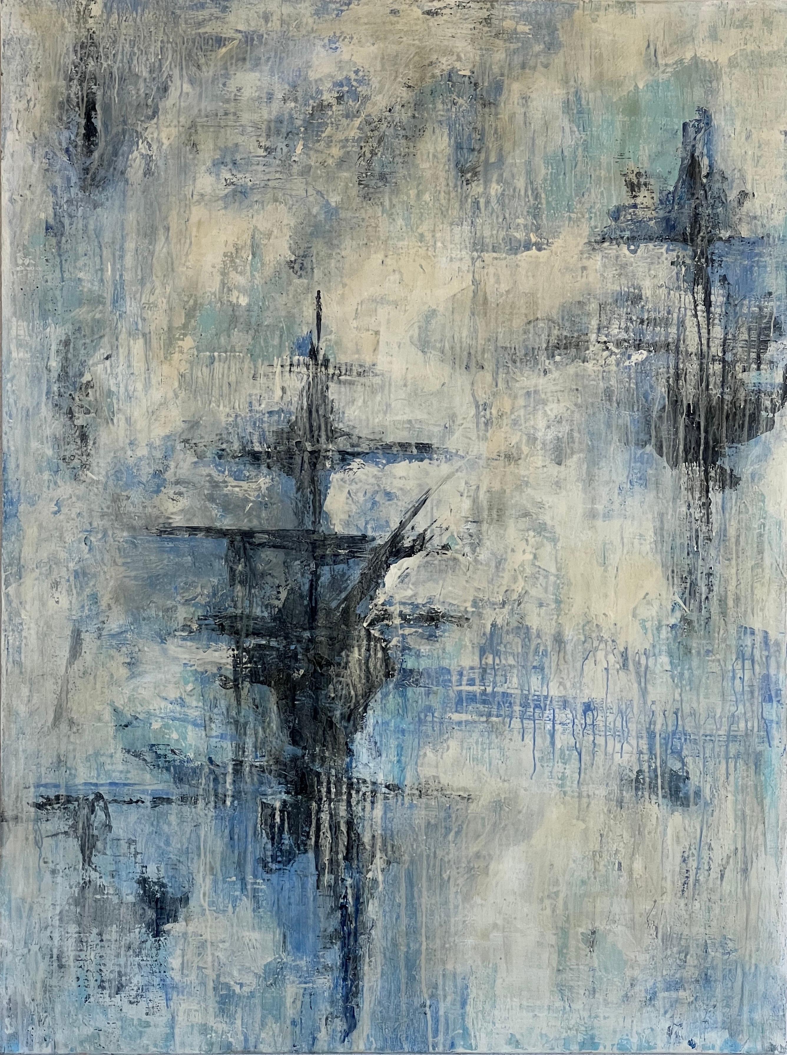 Landscape Painting Stephanie Cate - Ship Ghost, Acrylique, paysage abstrait, bleu, blanc, eau, bateau