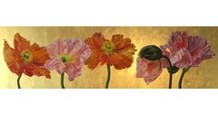 "Inclusion" Row of Intricate Pink and Orange Poppies Gold Leaf Background