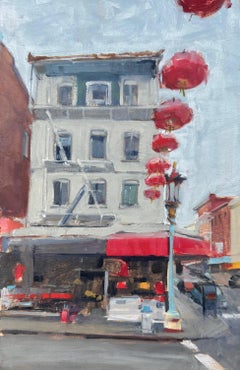 « Chinatown Study » (2024) de Stephanie Hartshorn, peinture à l'huile originale de paysage urbain