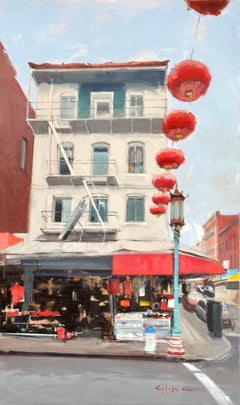 "Red Lanterns" (2024) by Stephanie Hartshorn, Original Oil Cityscape Painting