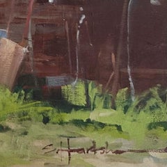 "While They Work" - Peinture à l'huile originale sur panneau de bois