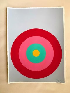Target, contemporary abstract, acrylic painting, red pink green yellow & gray