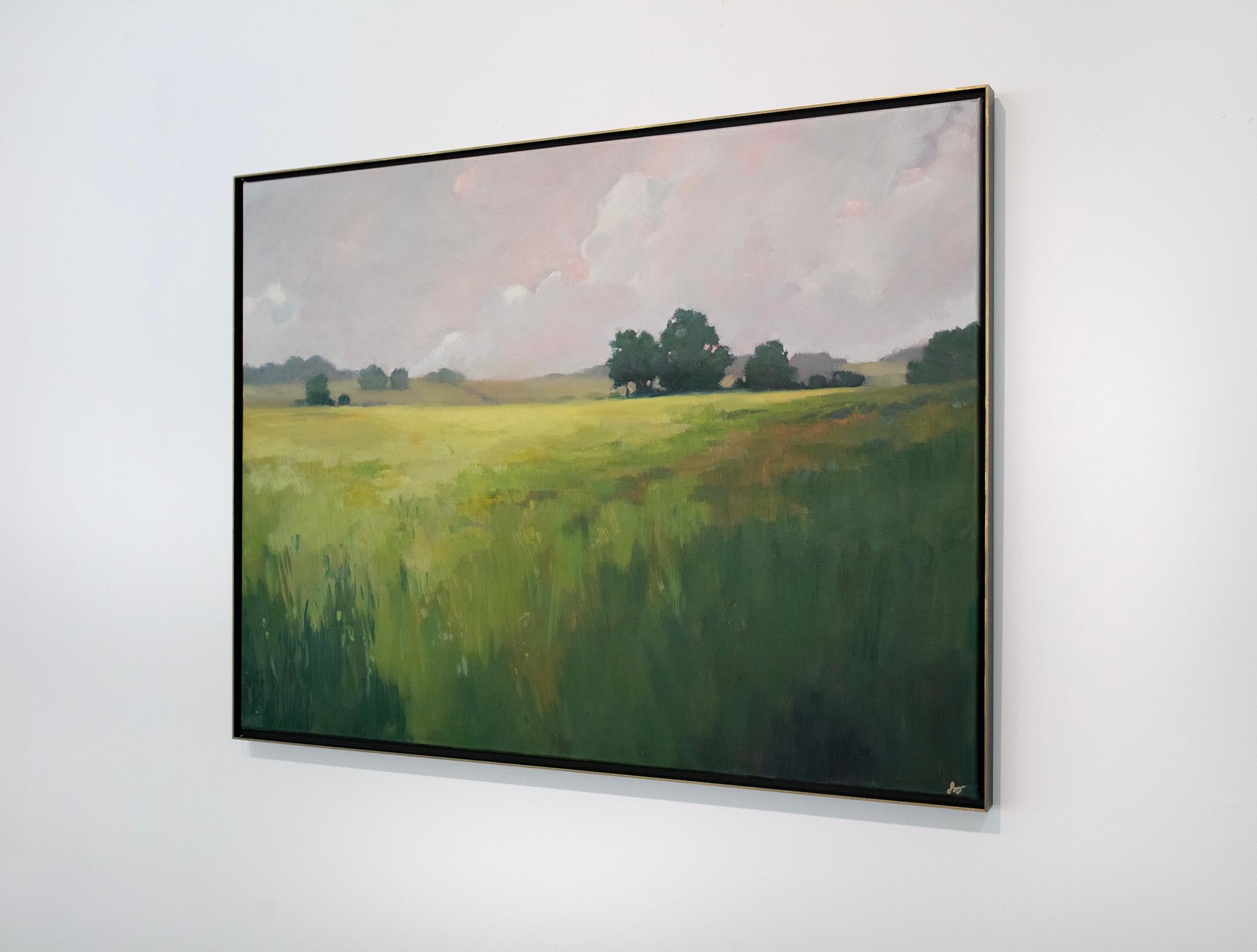 This contemporary landscape oil painting by Stephanie Johnson, titled Hit the Hay, captures a peaceful summer field bathed in golden light. With masterful control of atmosphere and depth, Johnson creates a sweeping composition of tall grasses,