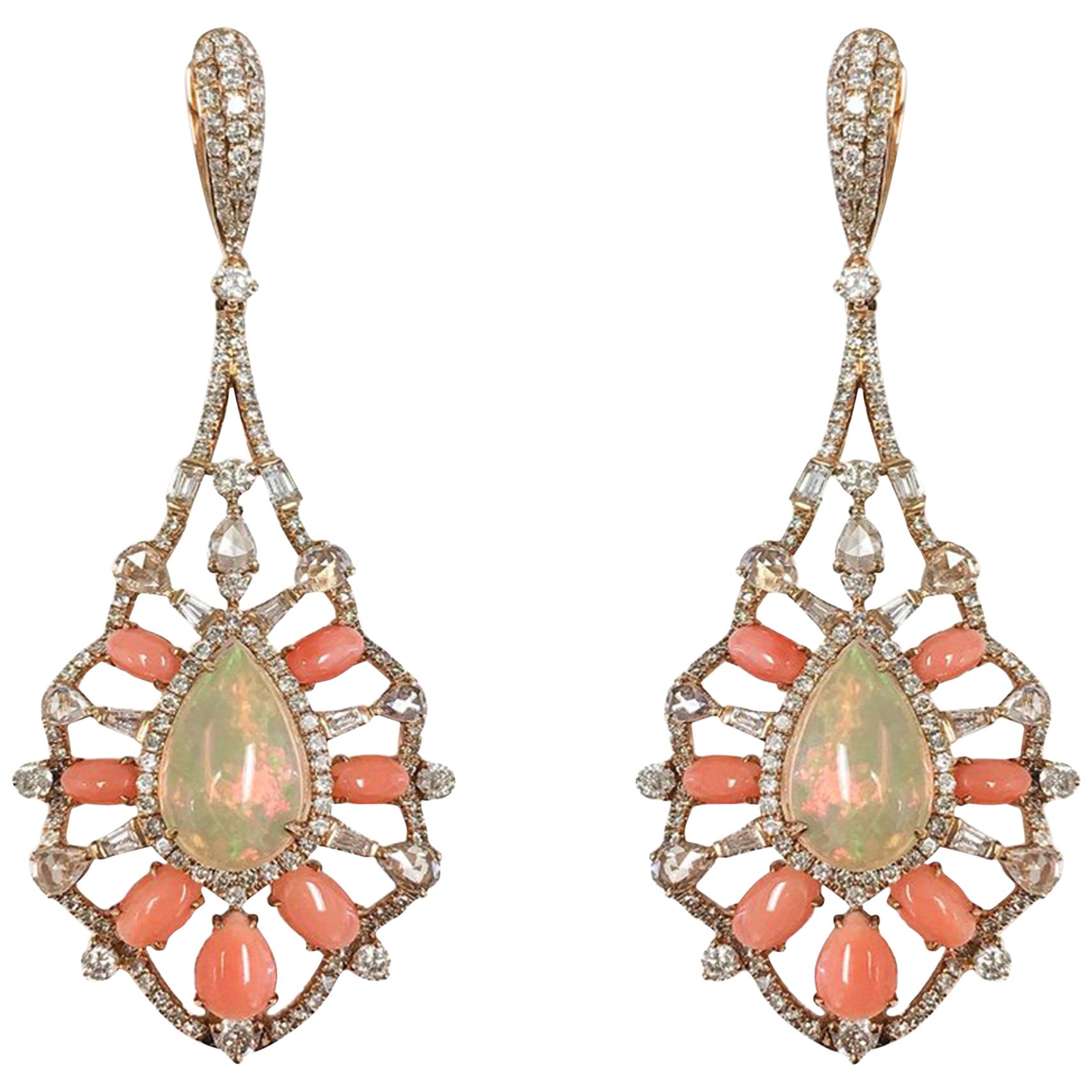 Stephanie Kantis Diamond Ethiopian Opal And Peach Coral Earrings For Sale