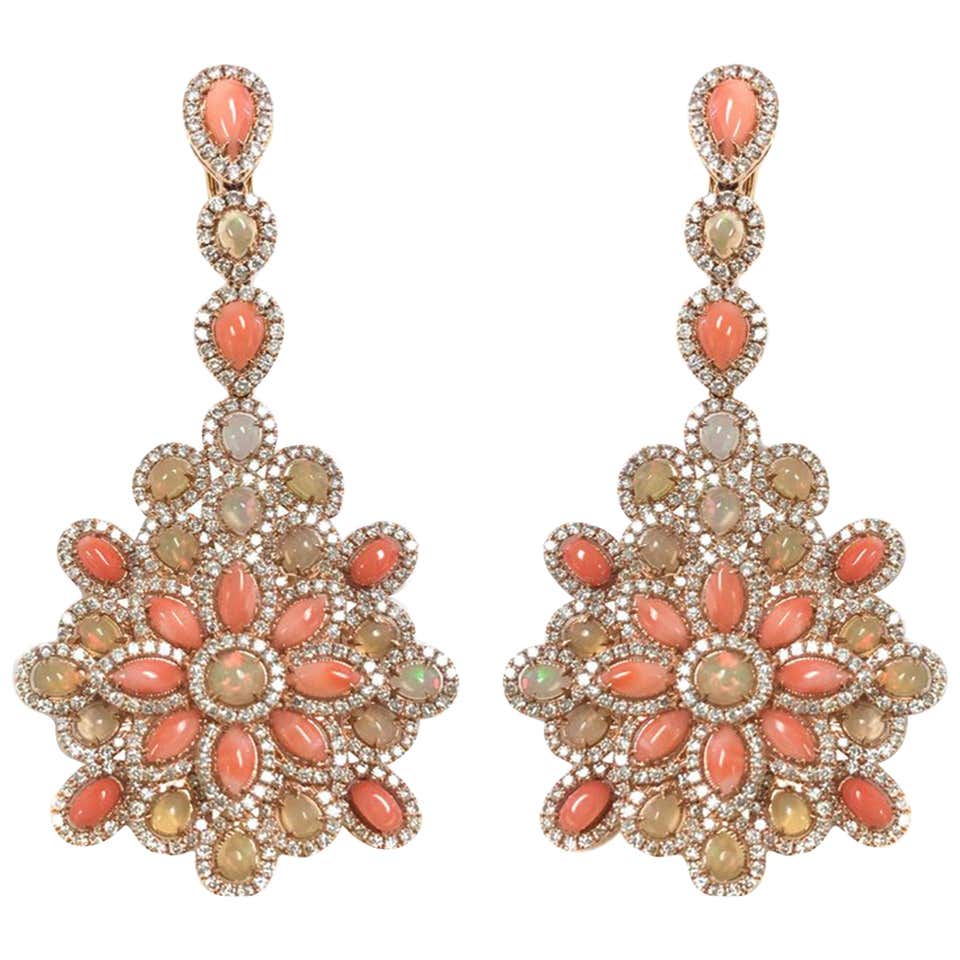 Stephanie Kantis Diamond Set With Ethiopian Opal And Peach Coral Drop ...