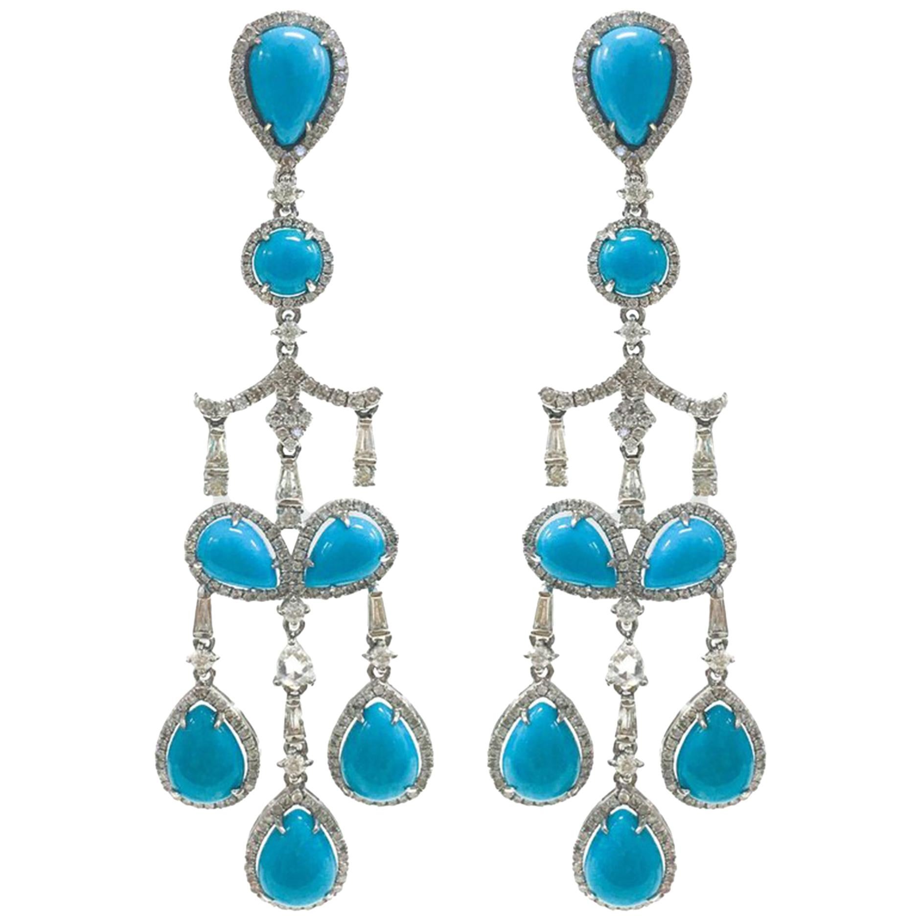 Stephanie Kantis Diamond with Sleeping Beauty Turquoise Earrings For Sale