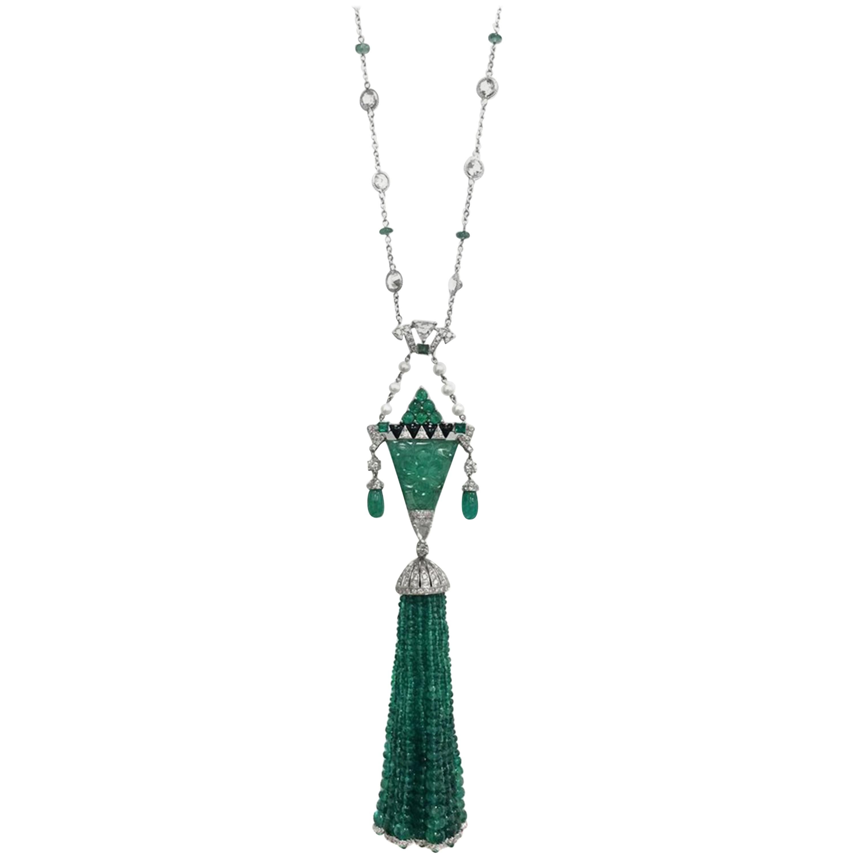 Stephanie Kantis Drop Tassel Diamond Set with Emerald, Pearl and Onyx Necklace For Sale