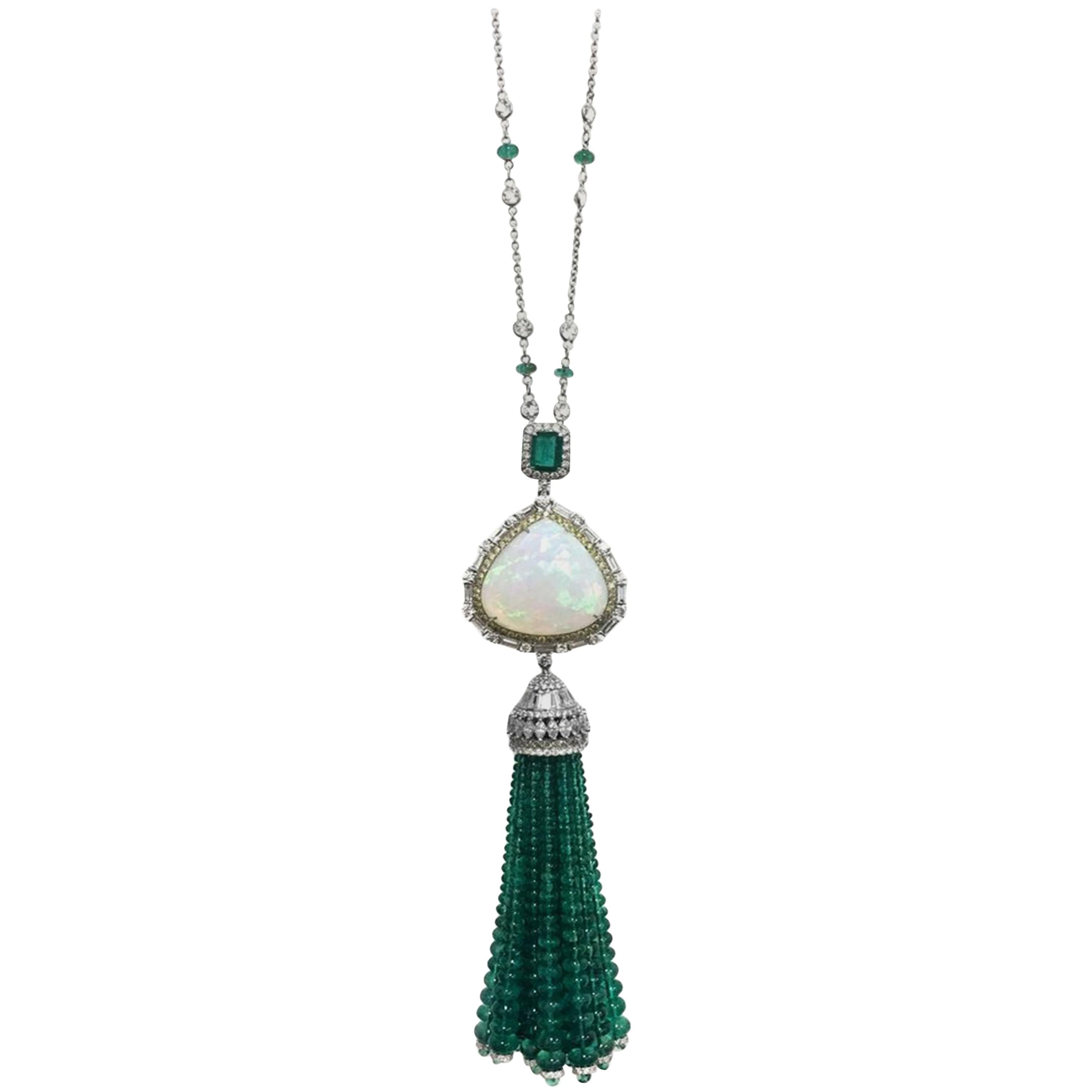 Stephanie Kantis Drop Tassel Diamond With Emerald And Ethiopian Opal Necklace For Sale