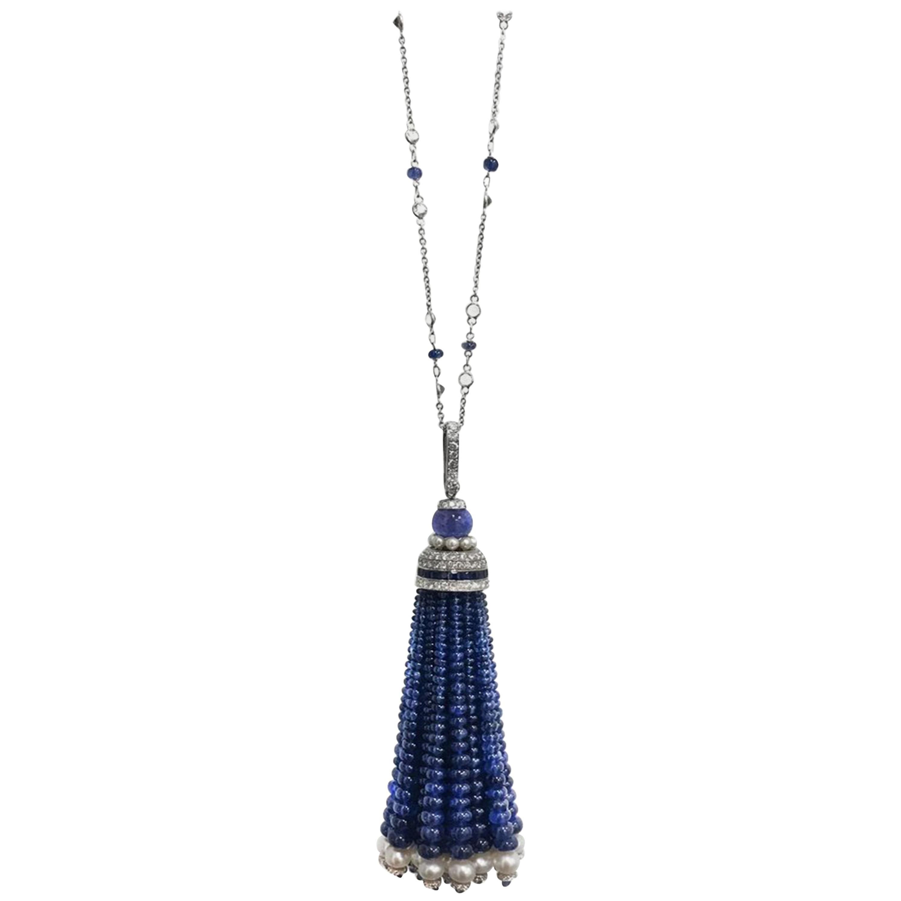 Stephanie Kantis Drop Tassel Diamond With Sapphire, Pearl And Tanzanite Necklace For Sale