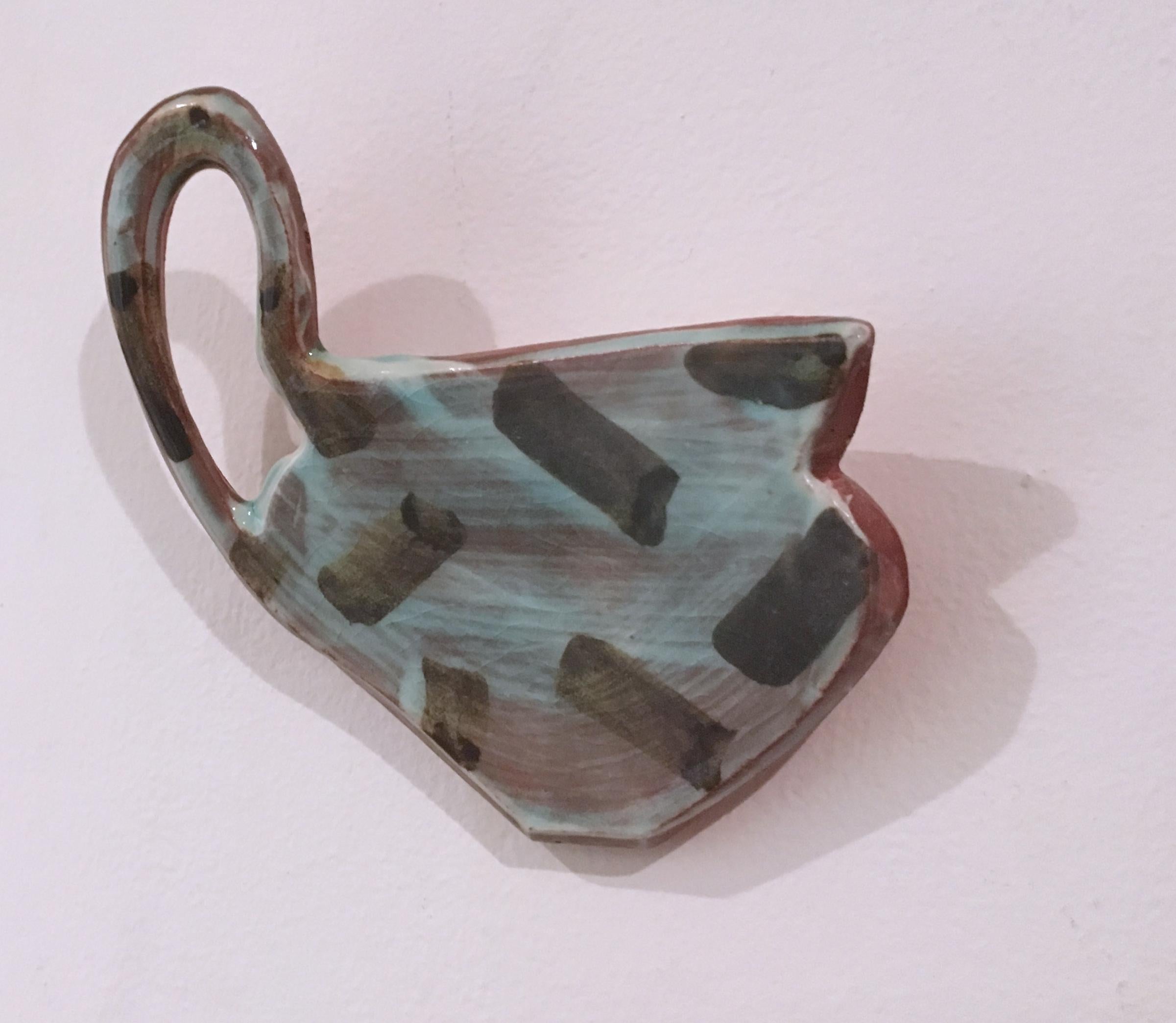 Flat Pot I, 2019, Glazed earthenware wall sculpture, flat tea cup, terracotta - Gray Figurative Sculpture by Stephanie Kantor