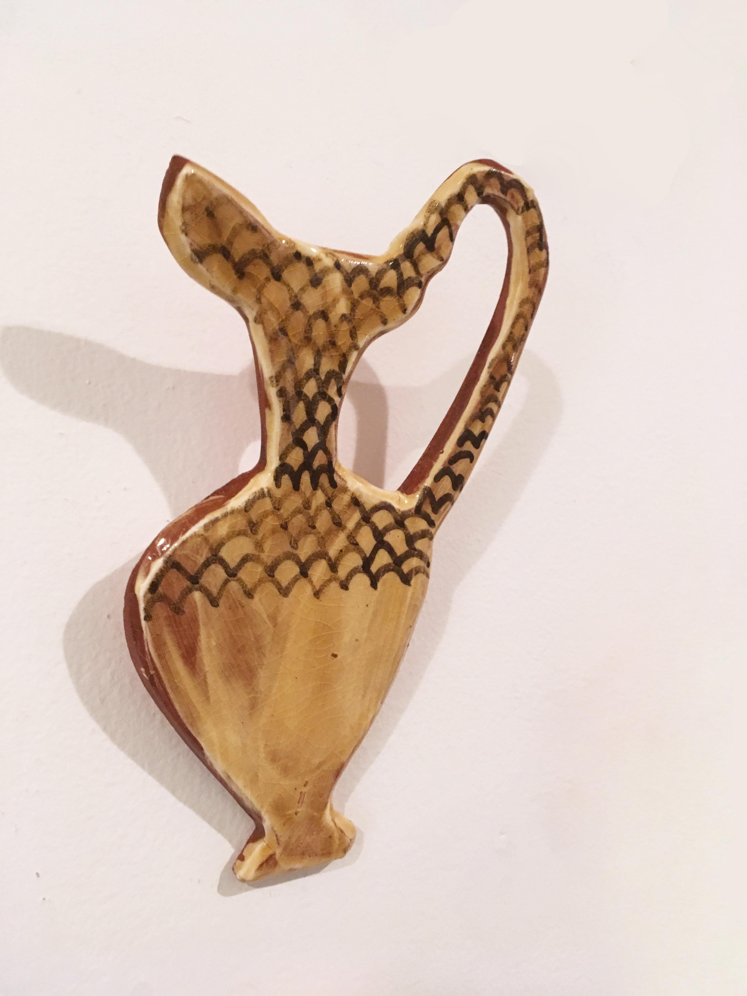 Flat Pot VI, 2019, Glazed earthenware wall sculpture, flat pitcher, earth tones - Sculpture by Stephanie Kantor