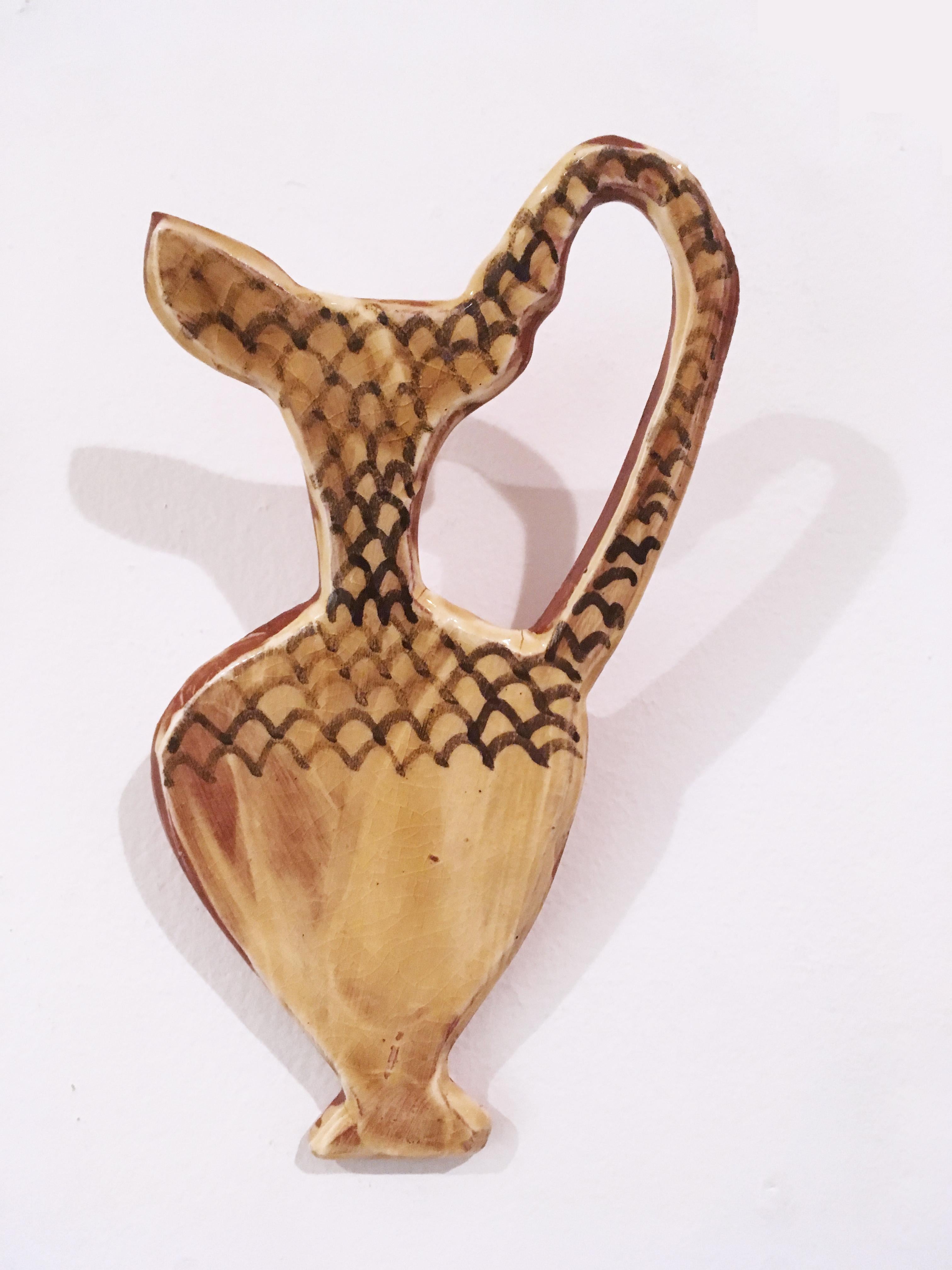 Stephanie Kantor Figurative Sculpture - Flat Pot VI, 2019, Glazed earthenware wall sculpture, flat pitcher, earth tones