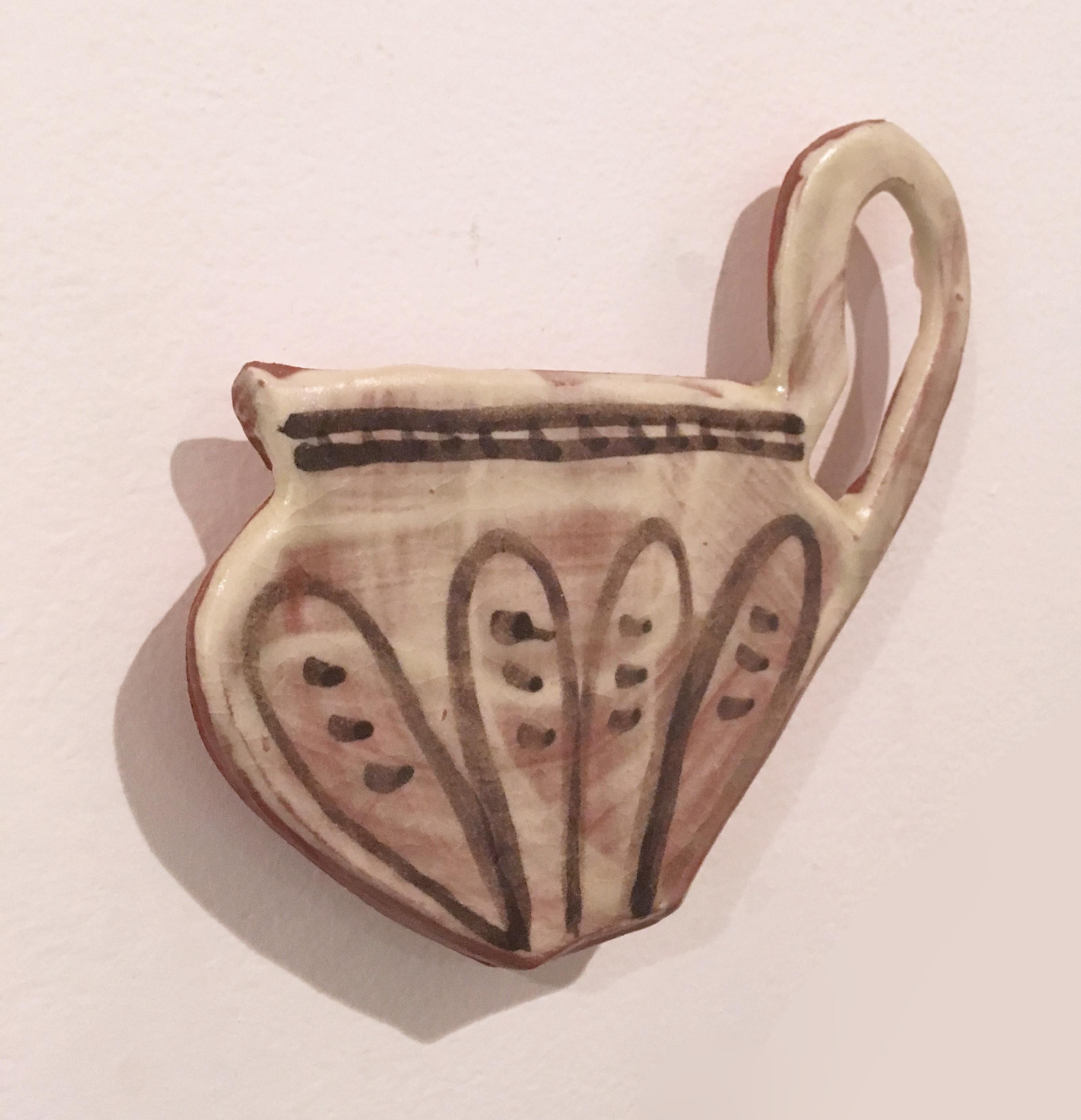Flat Pot VII, 2019, Glazed earthenware wall sculpture, flat tea cup, earth tones - Sculpture by Stephanie Kantor