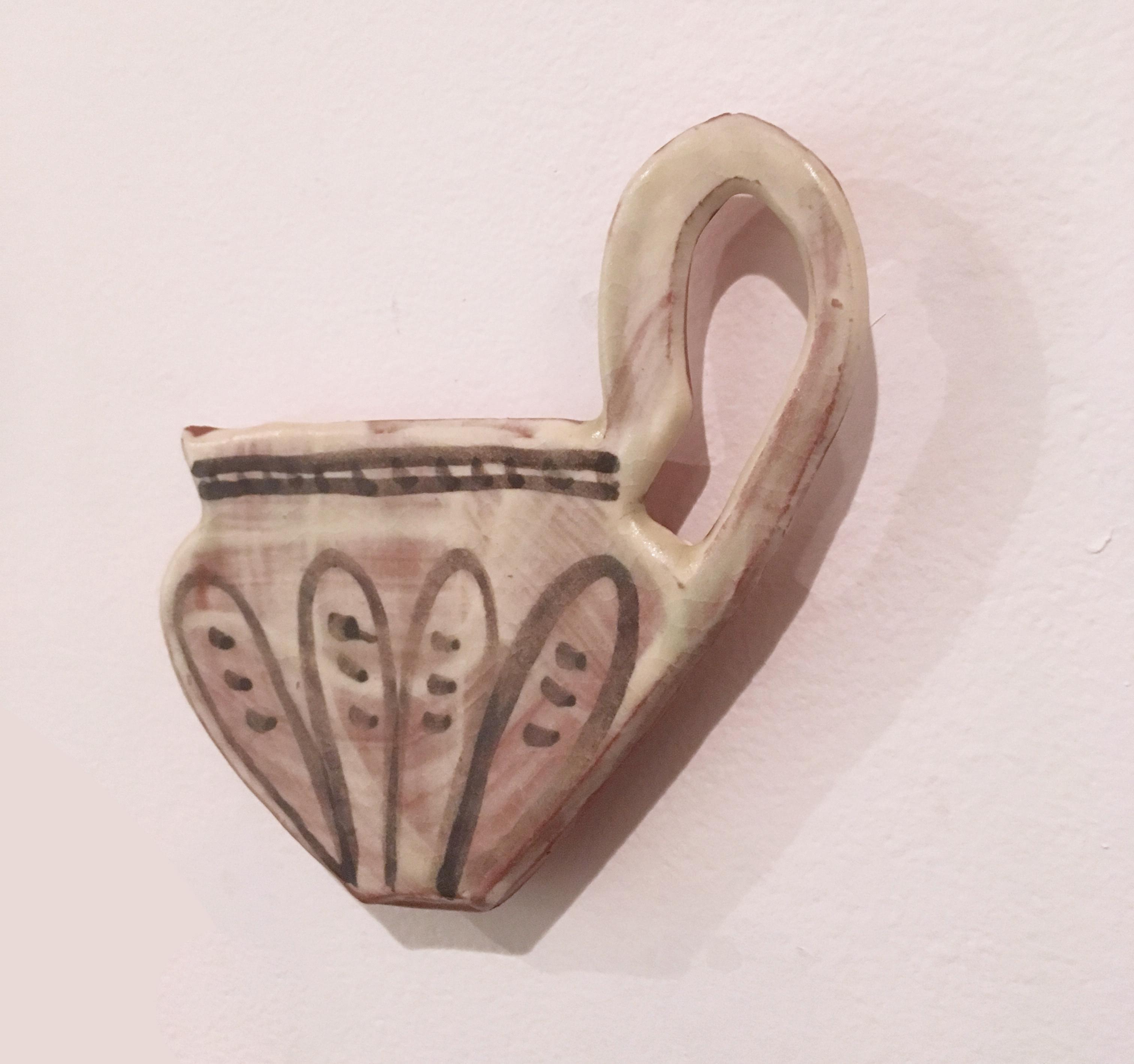Flat Pot VII, 2019, Glazed earthenware wall sculpture, flat tea cup, earth tones - Beige Still-Life Sculpture by Stephanie Kantor