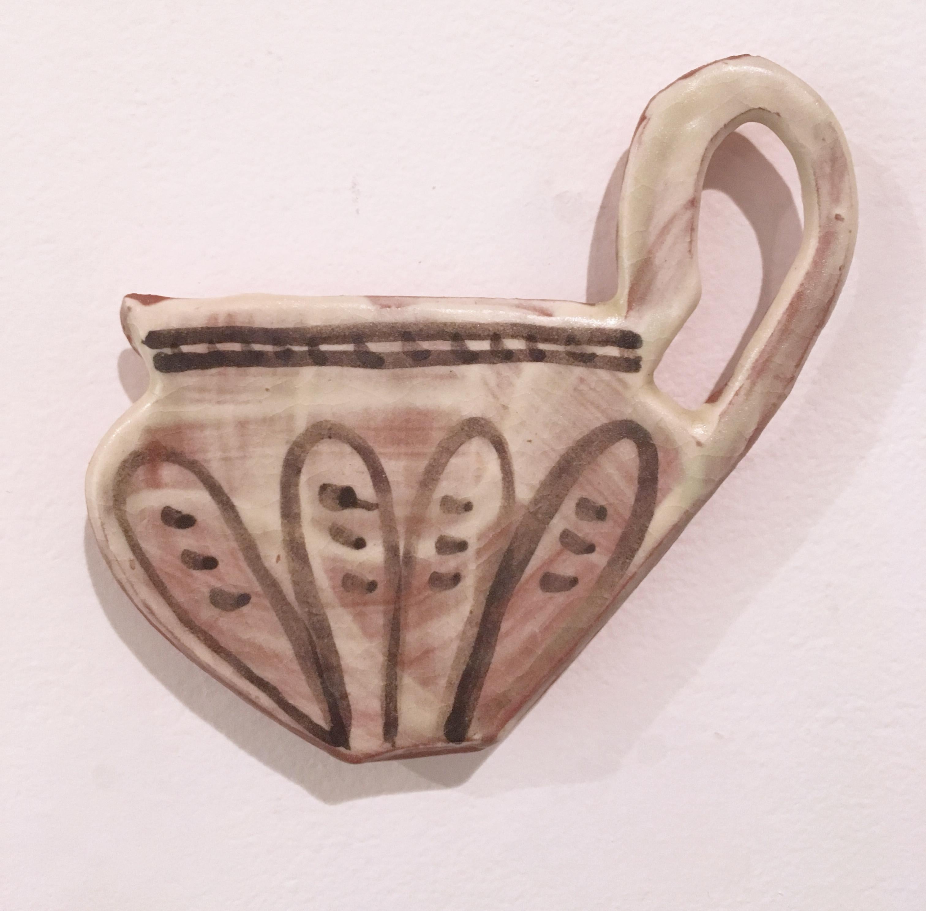 Stephanie Kantor Figurative Sculpture - Flat Pot VII, 2019, Glazed earthenware wall sculpture, flat tea cup, earth tones