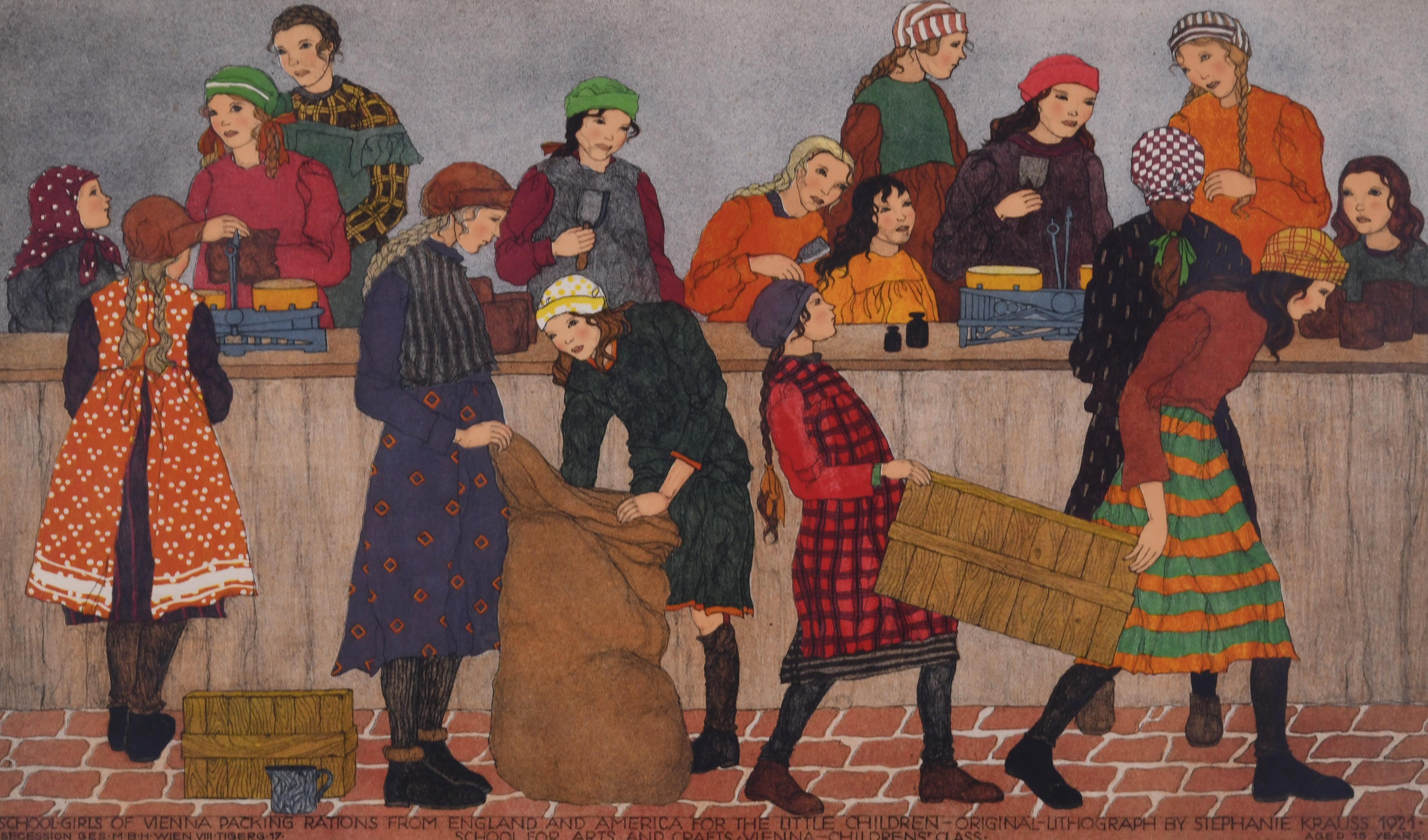 School Girls of Vienna Packing Rations from England and America for the Children - Print by Stephanie Kraus