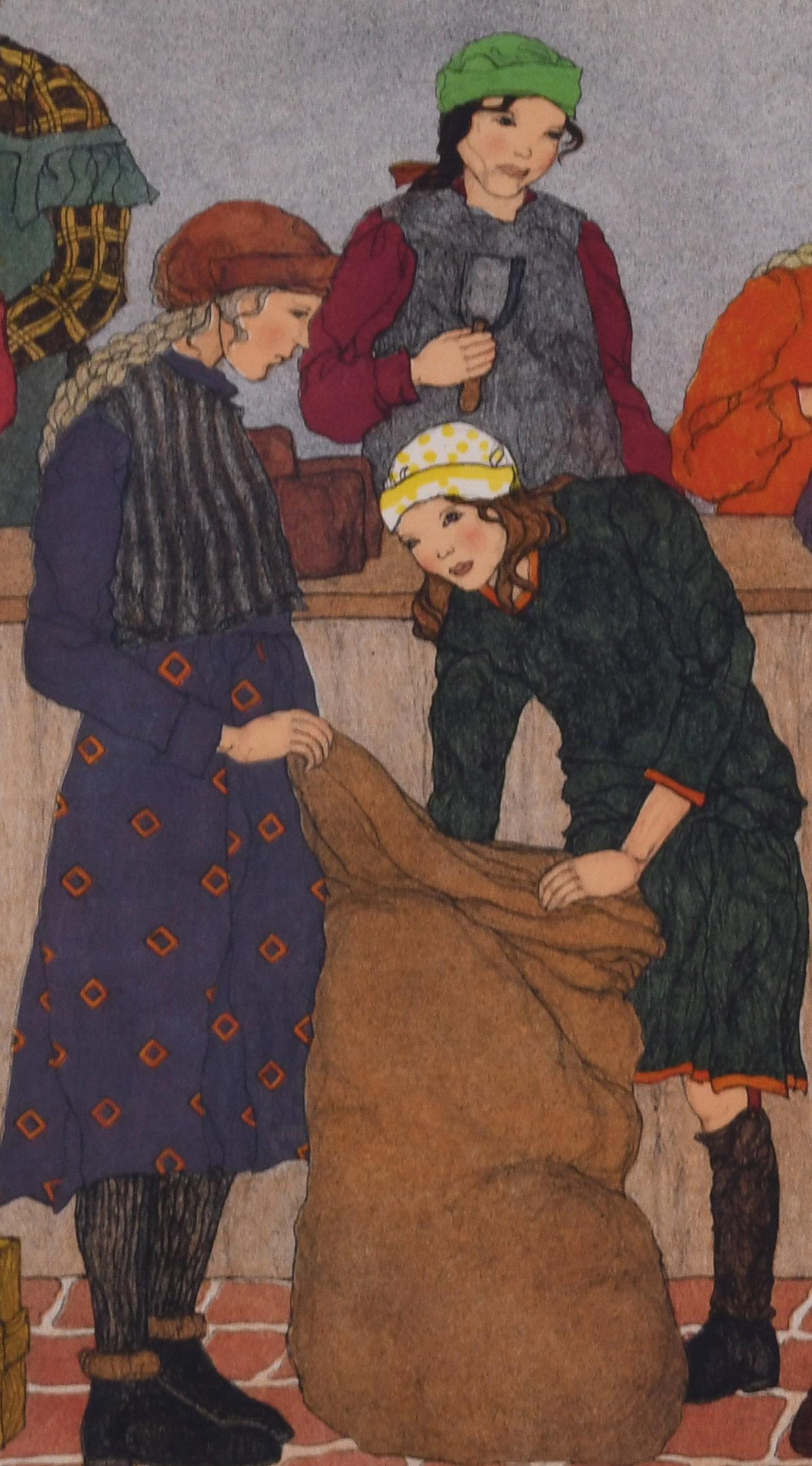 Les filles de l'école de Vienne packing Rations d'Angleterre et d'Amérique pour les enfants - Marron Figurative Print par Stephanie Kraus