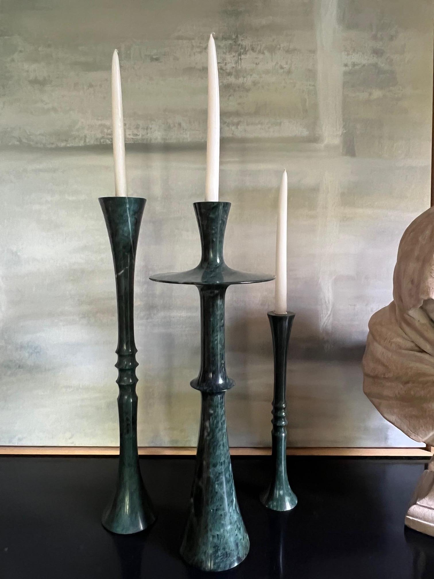 Modern Stephanie Odegard Green Marble Candle Holders Designed by Paul Mathieu- Set of 3