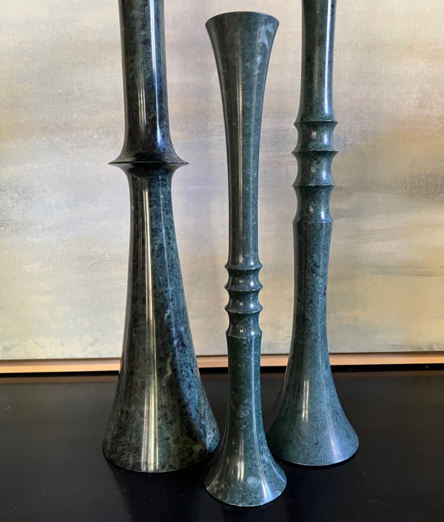 Indian Stephanie Odegard Green Marble Candle Holders Designed by Paul Mathieu- Set of 3