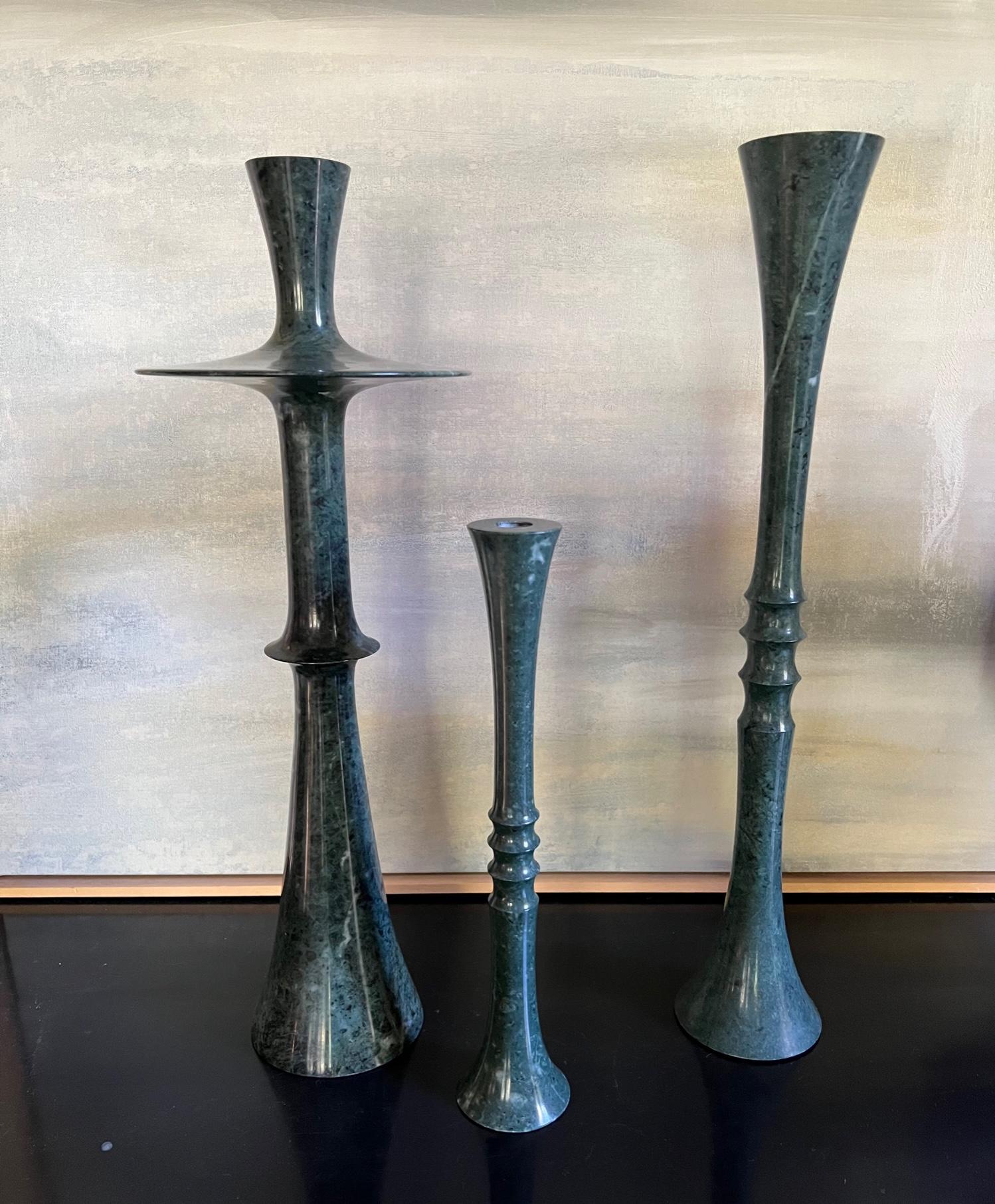 Contemporary Stephanie Odegard Green Marble Candle Holders Designed by Paul Mathieu- Set of 3
