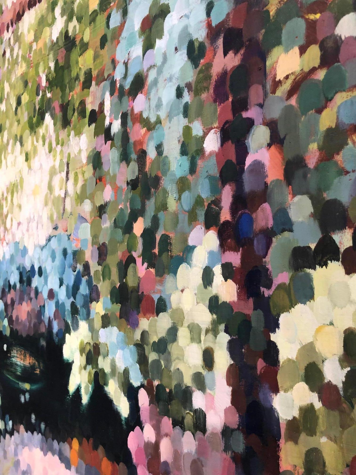 Contemporary and mysterious oil painting inspired by 'La Grande Serre' gardens in Paris, France, at dusk. The lush work in forrest greens with blues and other touches of viivid color throughout is a wonderfully complex painting with a glowing center