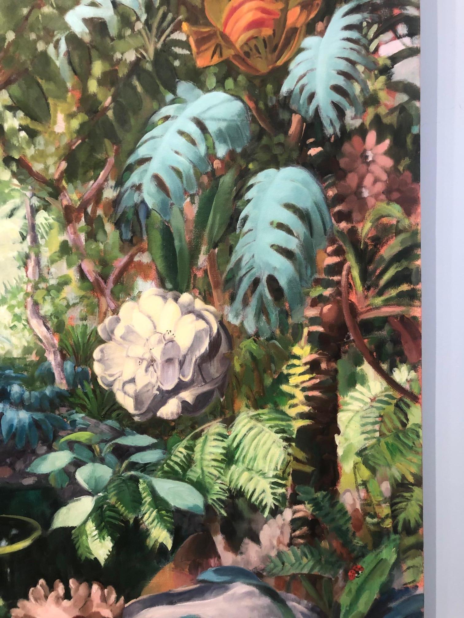 La Grande Serre II /  óleo sobre lienzo - exuberante escena de jardín contemporáneo Pairs - Landscape Painting Gris de Stephanie Peek