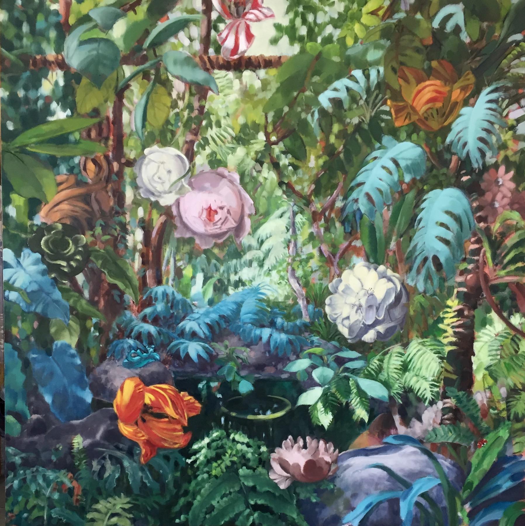 Landscape Painting de Stephanie Peek - La Grande Serre II /  óleo sobre lienzo - exuberante escena de jardín contemporáneo Pairs