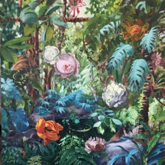 La Grande Serre II /  Huile sur toile - scène de jardin contemporaine luxuriante de pairs 