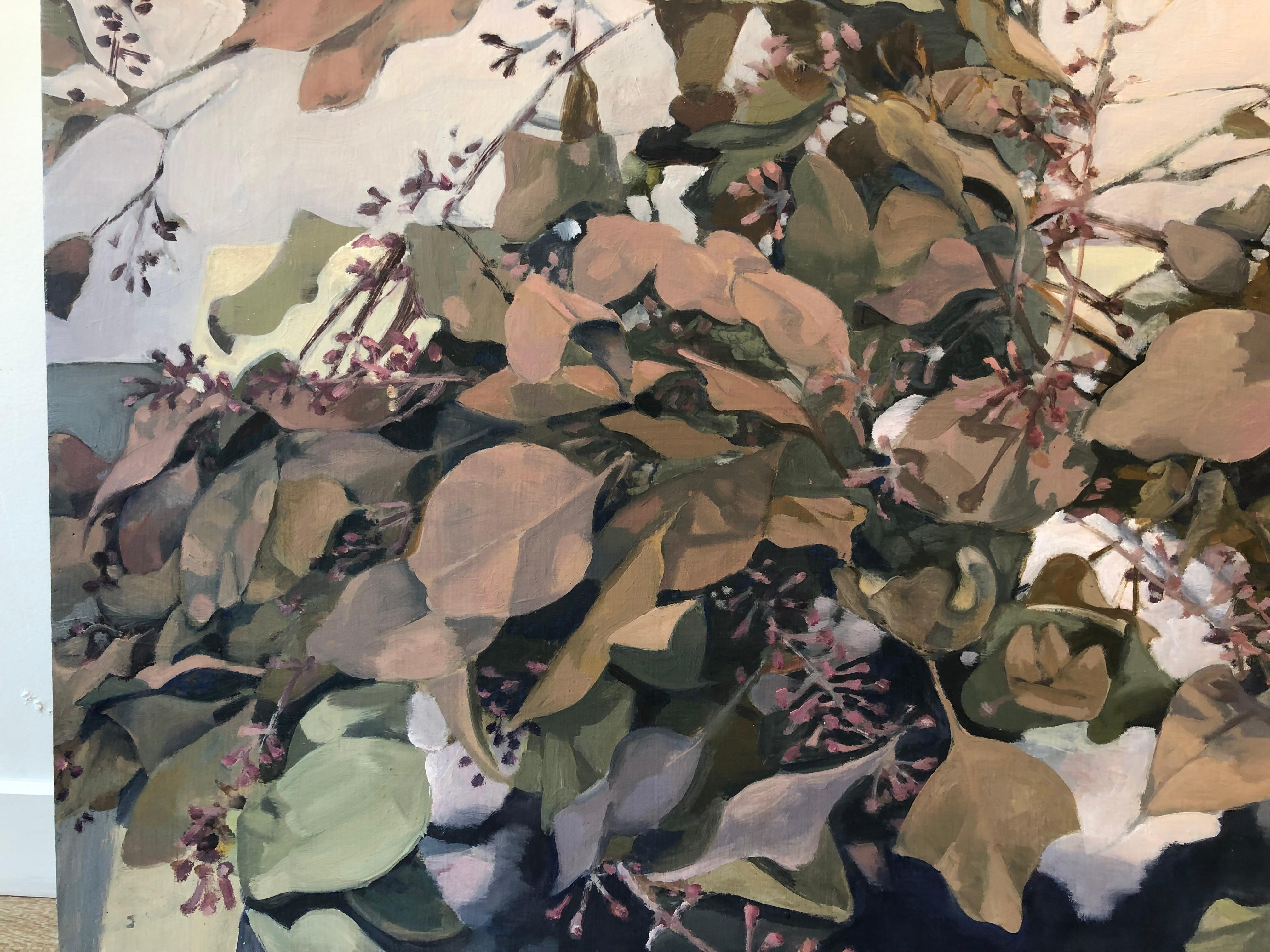 Reflections II / feuilles d'eucalyptus, chaleur, nature, peinture à l'huile abstraite sur panneau - Painting de Stephanie Peek